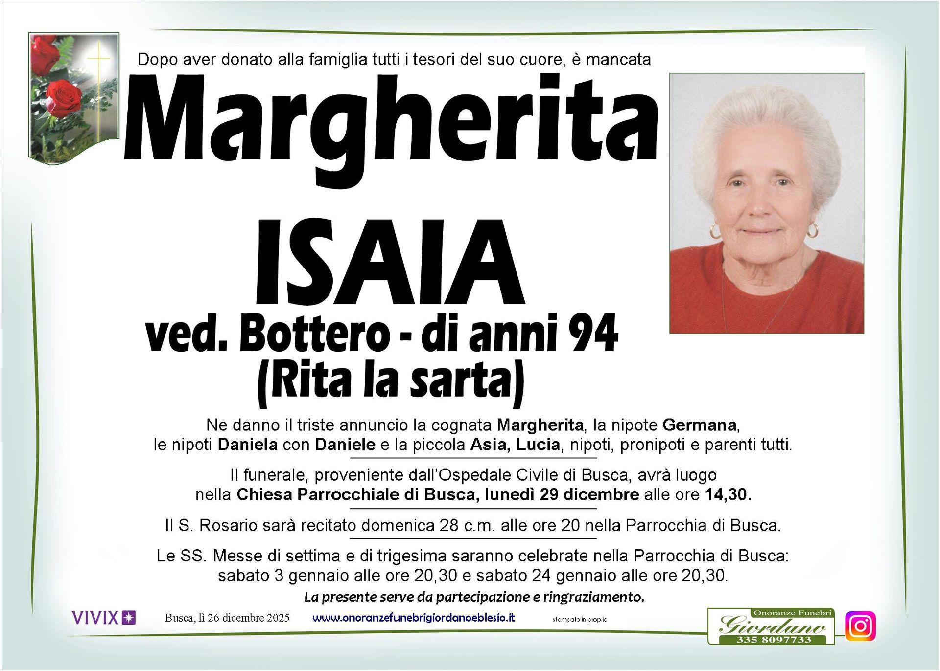 necrologio ISAIA MARGHERITA ved. Bottero