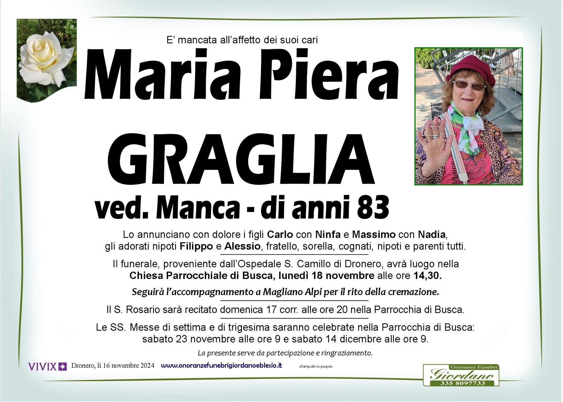 necrologio GRAGLIA Maria Piera ved. Manca