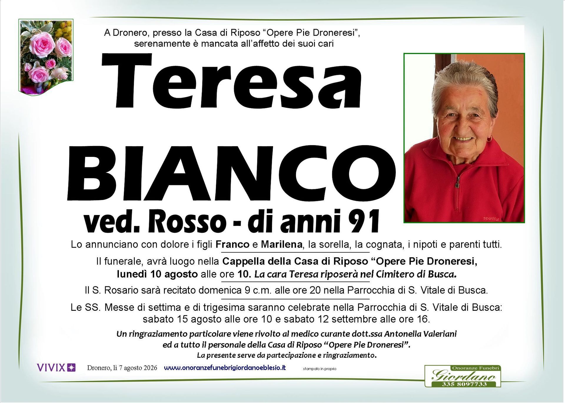 necrologio BIANCO Teresa ved. Rosso