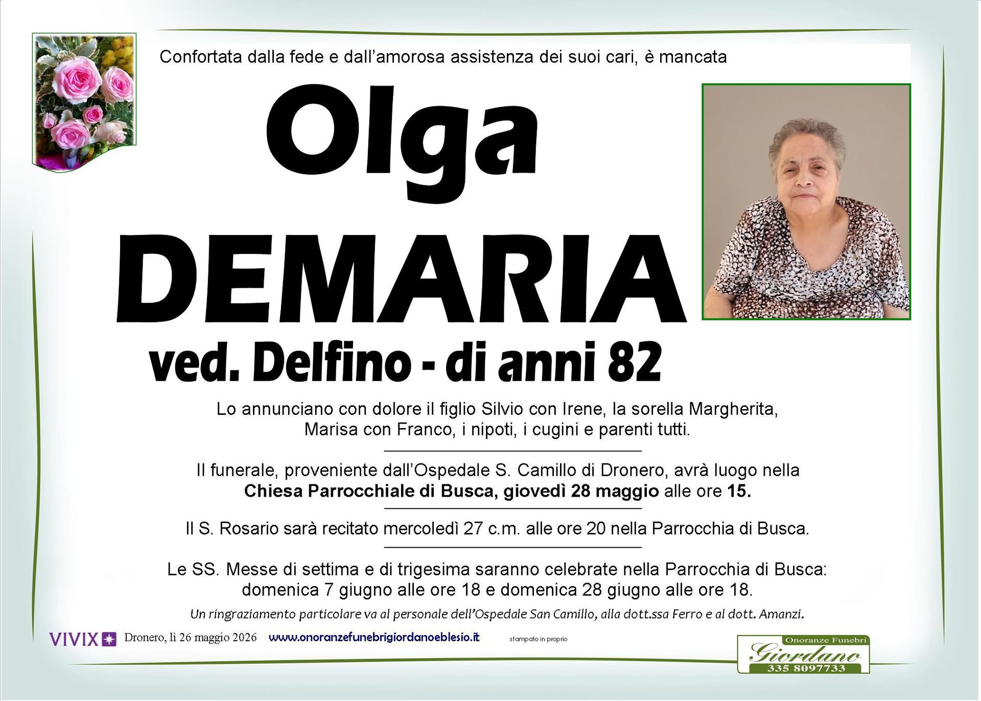 necrologio DEMARIA Olga ved. Delfino