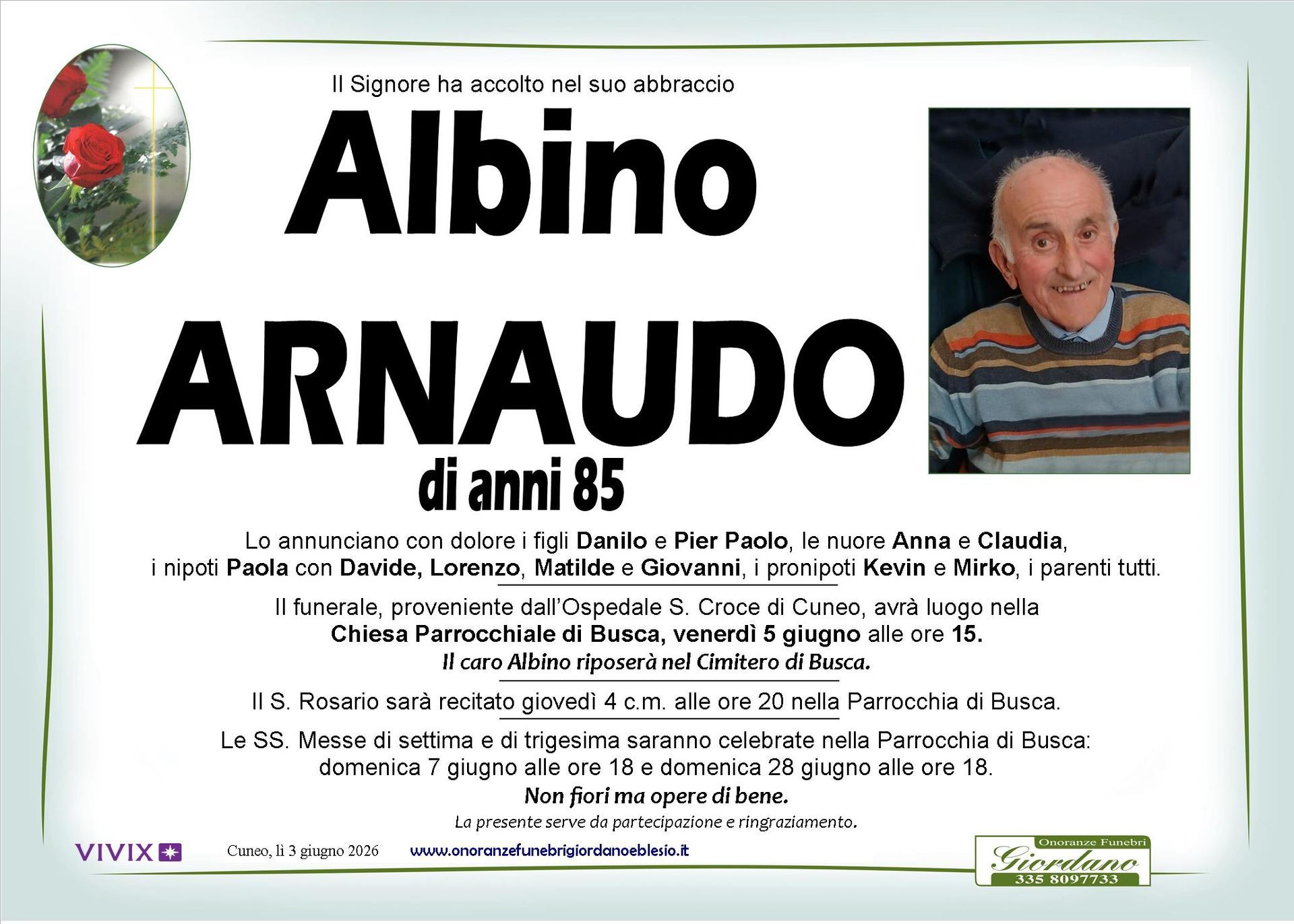 necrologio ARNAUDO Albino