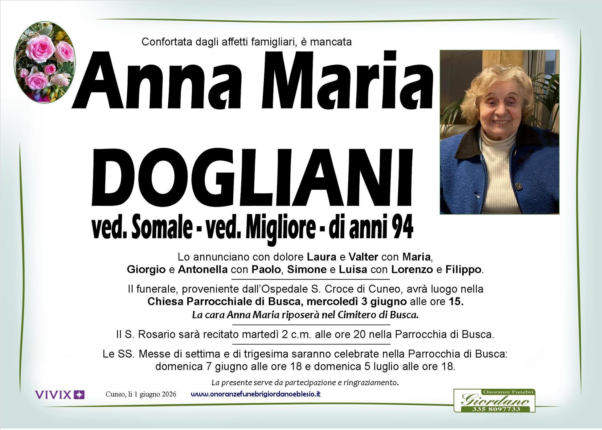 necrologio DOGLIANI Anna Maria ved. Somale ved. Migliore