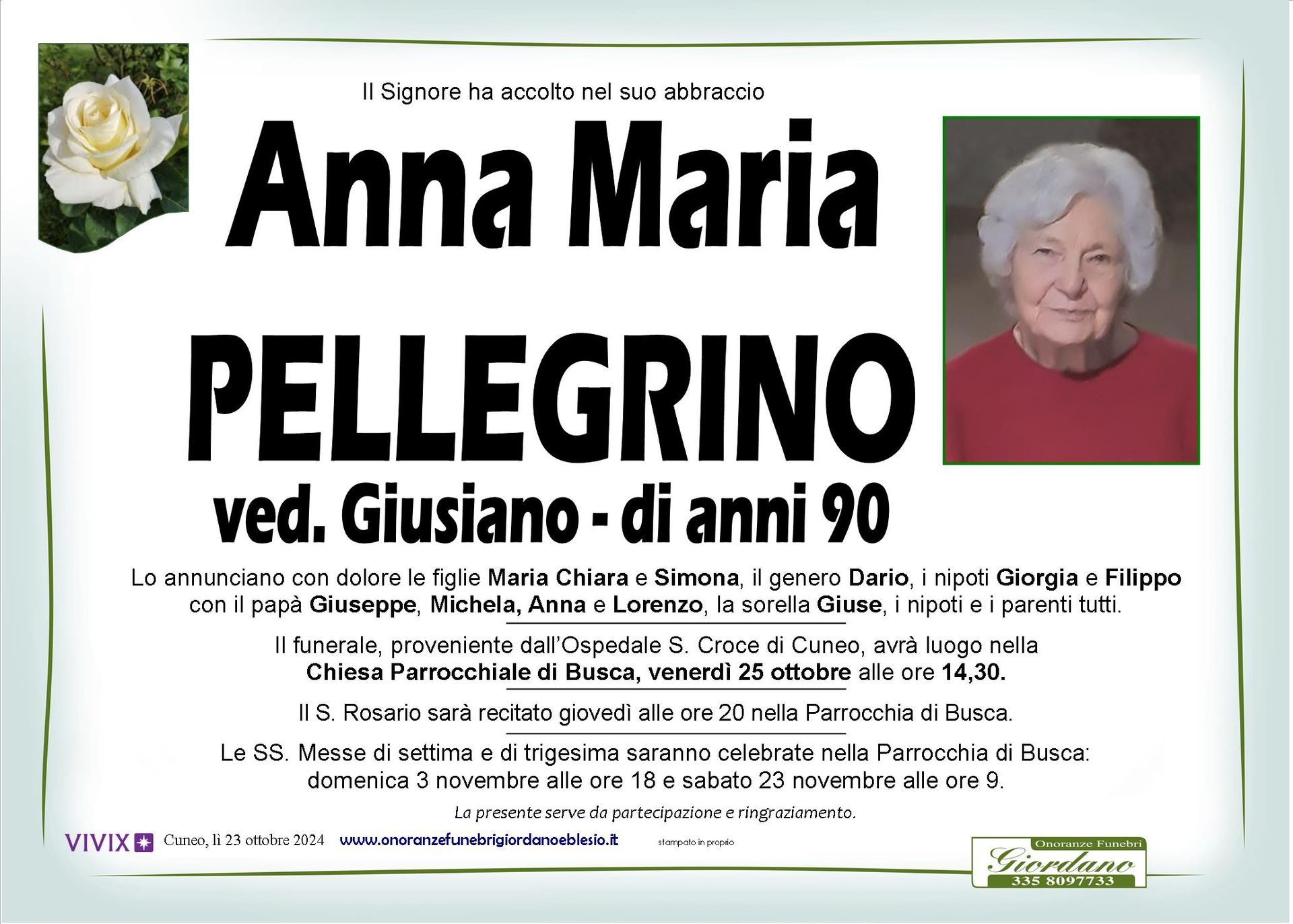 necrologio PELLEGRINO Anna Maria ved. Giusiano