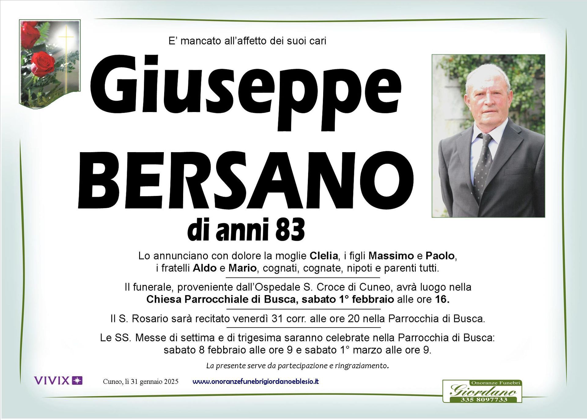 necrologio BERSANO Giuseppe