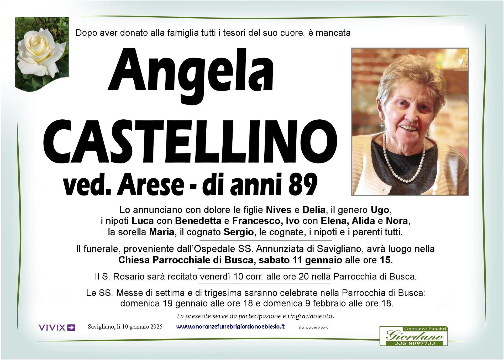 necrologio CASTELLINO Angela ved. Arese