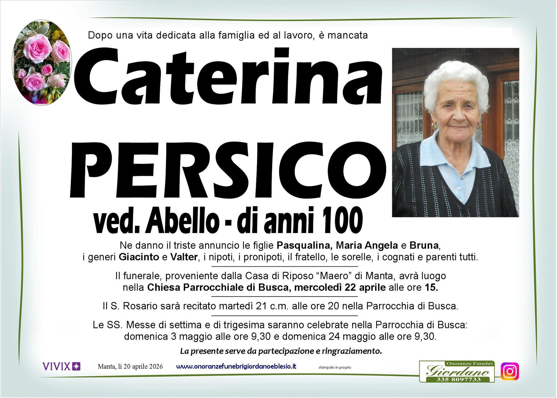 necrologio PERSICO Caterina ved. Abello