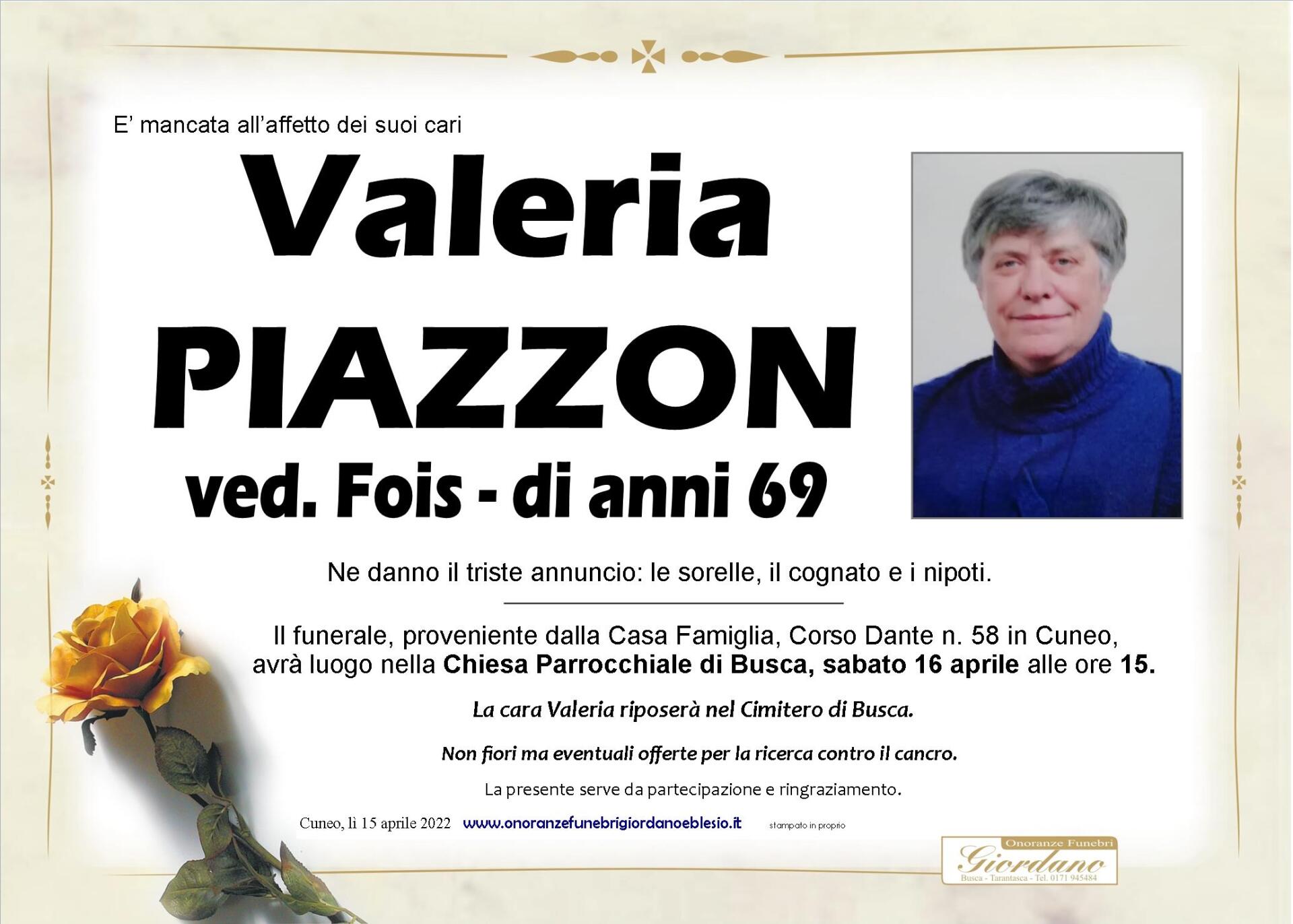 necrologio PIAZZON valeria ved. Fois