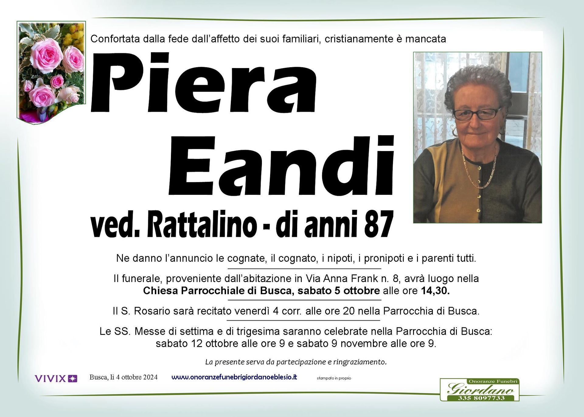 necrologio EANDI Pierina Lucia ved. Rattalino