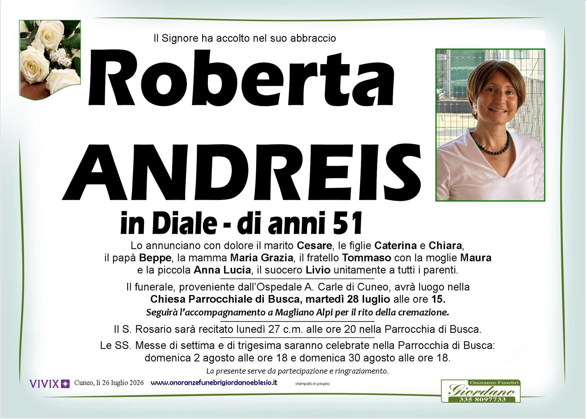 necrologio ANDREIS Roberta in Diale