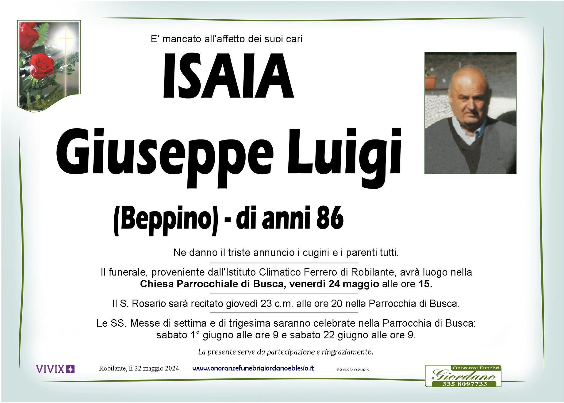 necrologio ISAIA Giuseppe Luigi