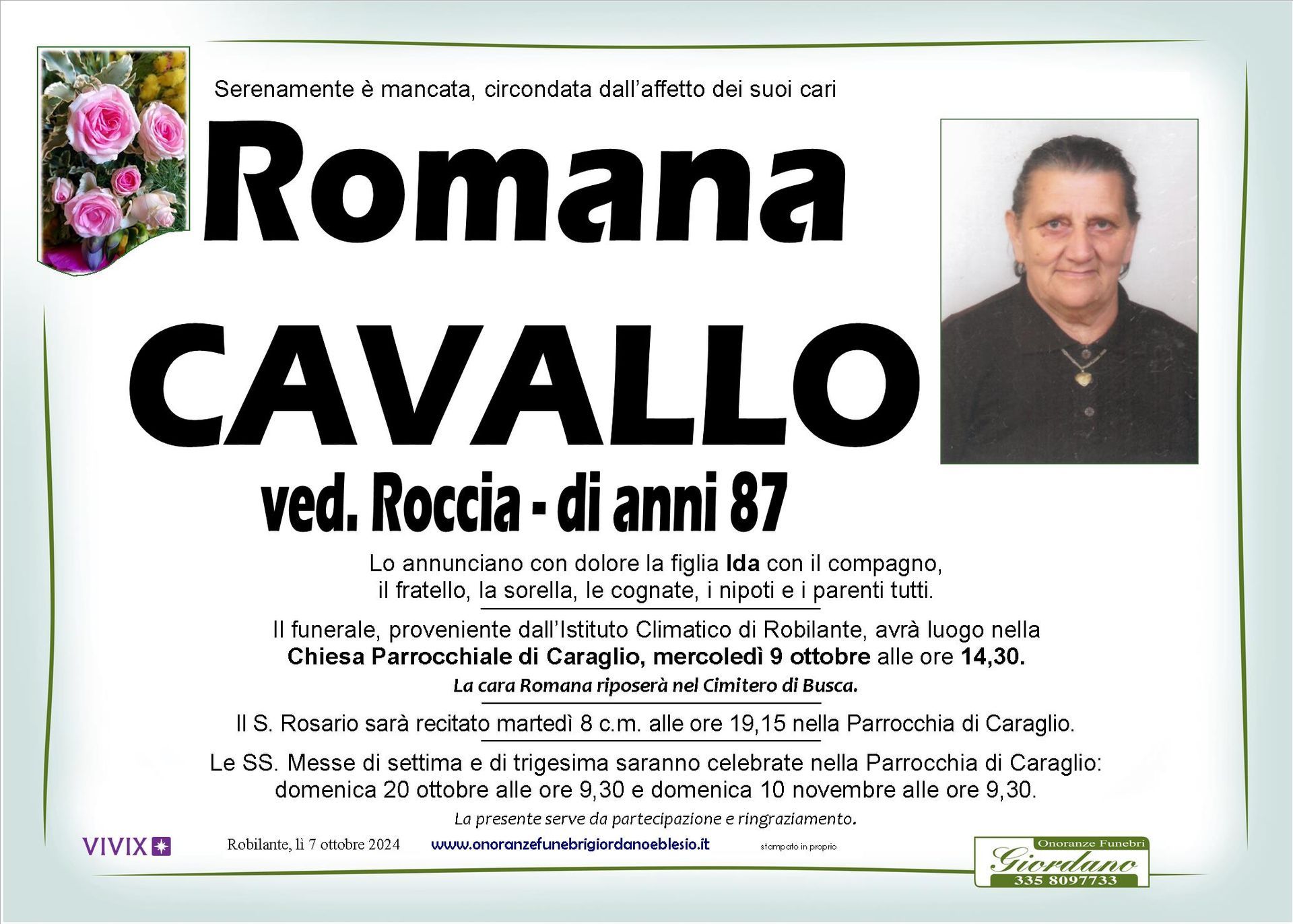 necrologio CAVALLO Romana ved. Roccia