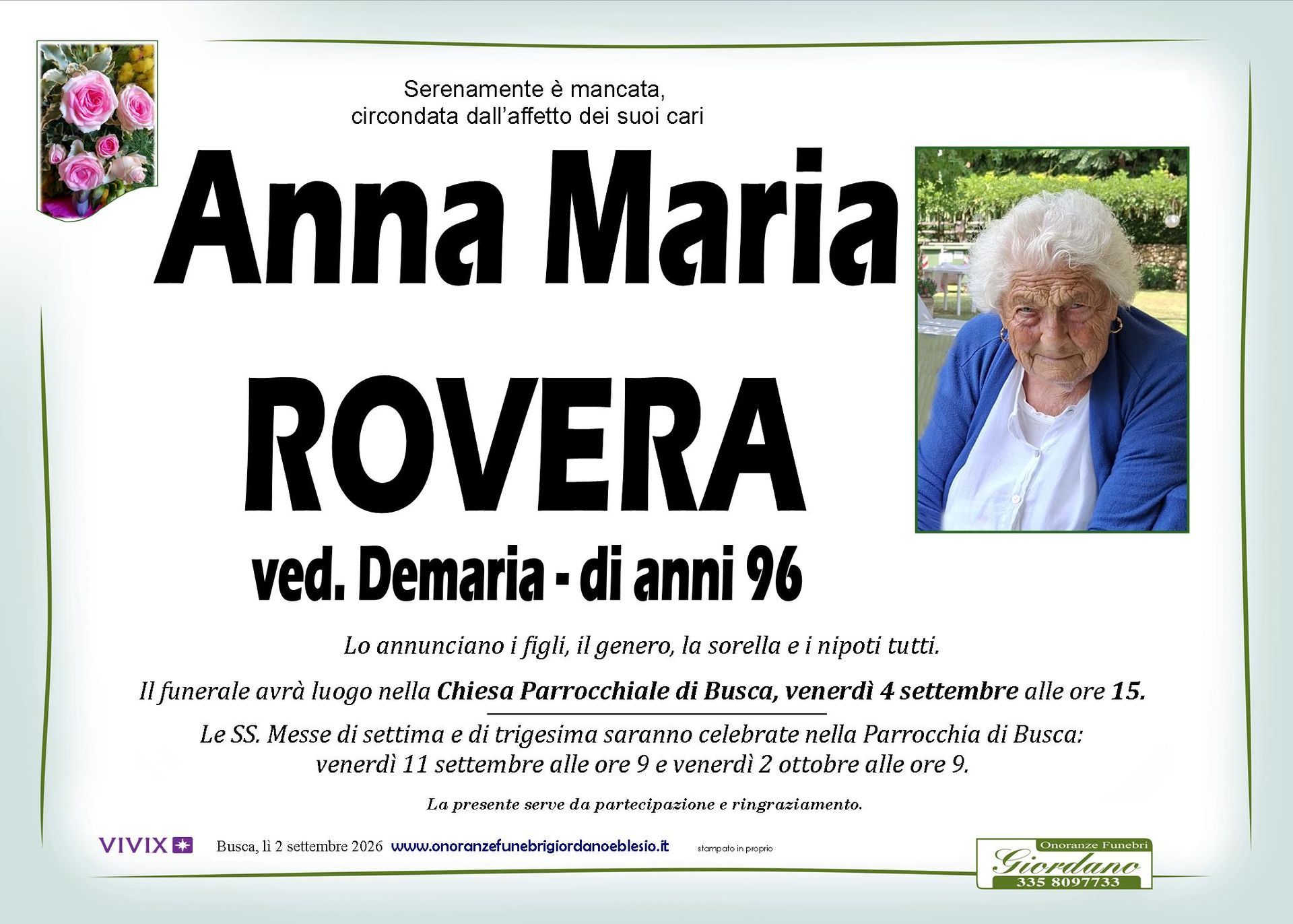 necrologio ROVERA Anna Maria ved. Demaria