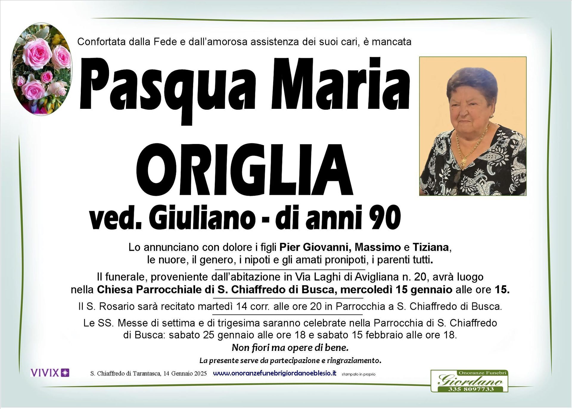 necrologio ORIGLIA Maria Pasqua ved. Giuliano