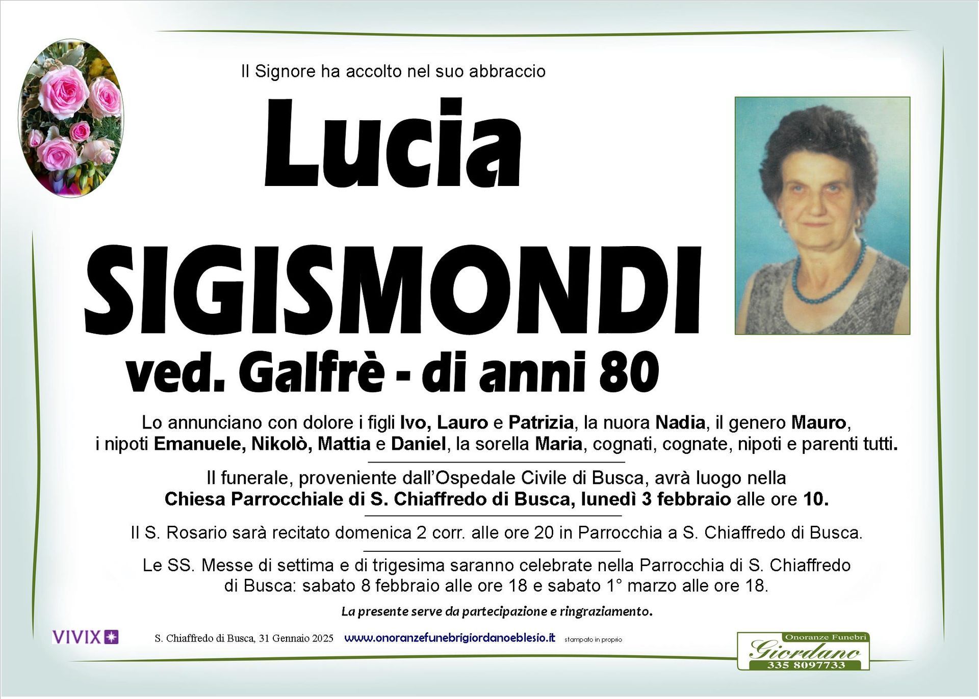 necrologio SIGISMONDI Lucia ved. Galfrè