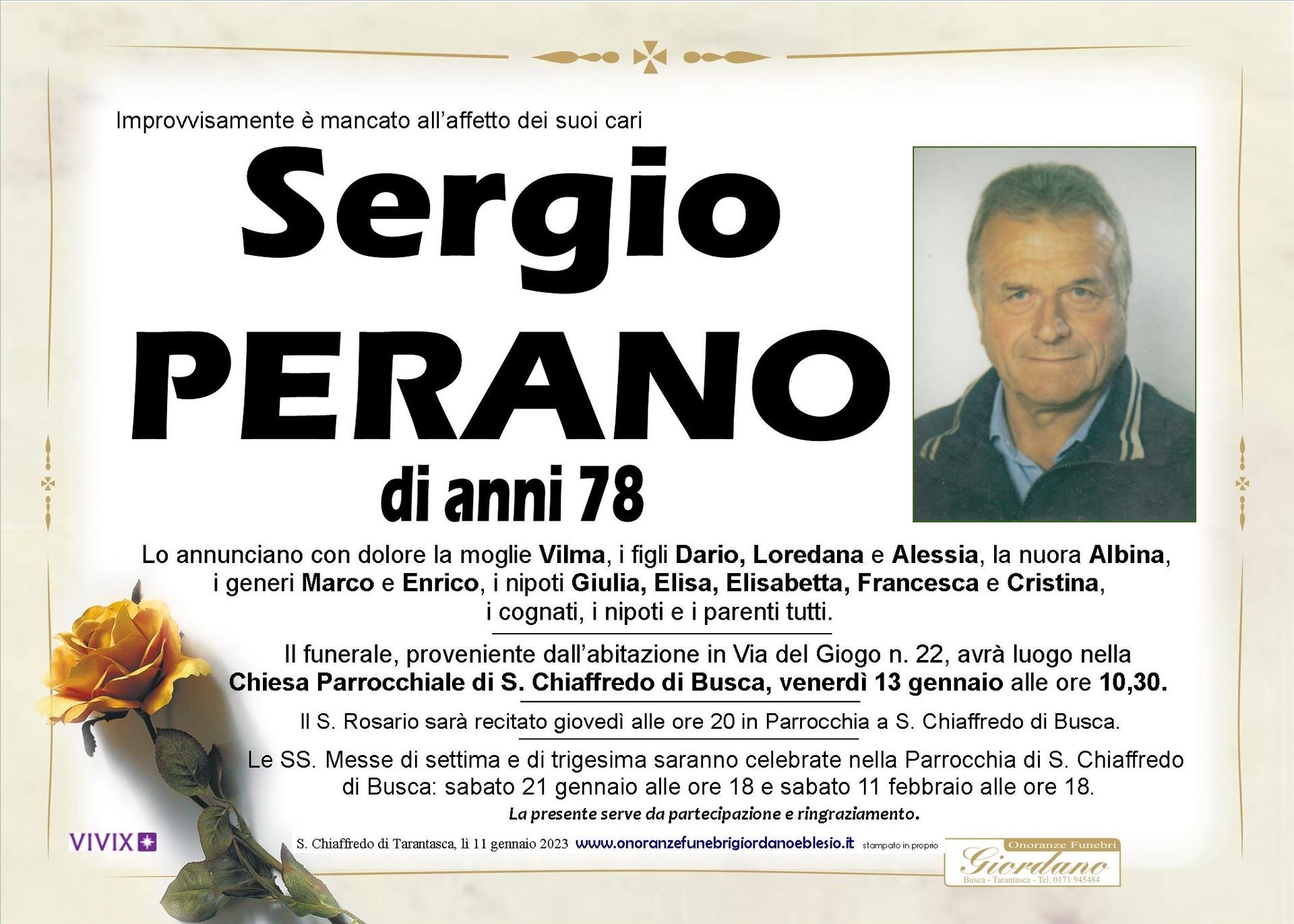 necrologio PERANO Sergio