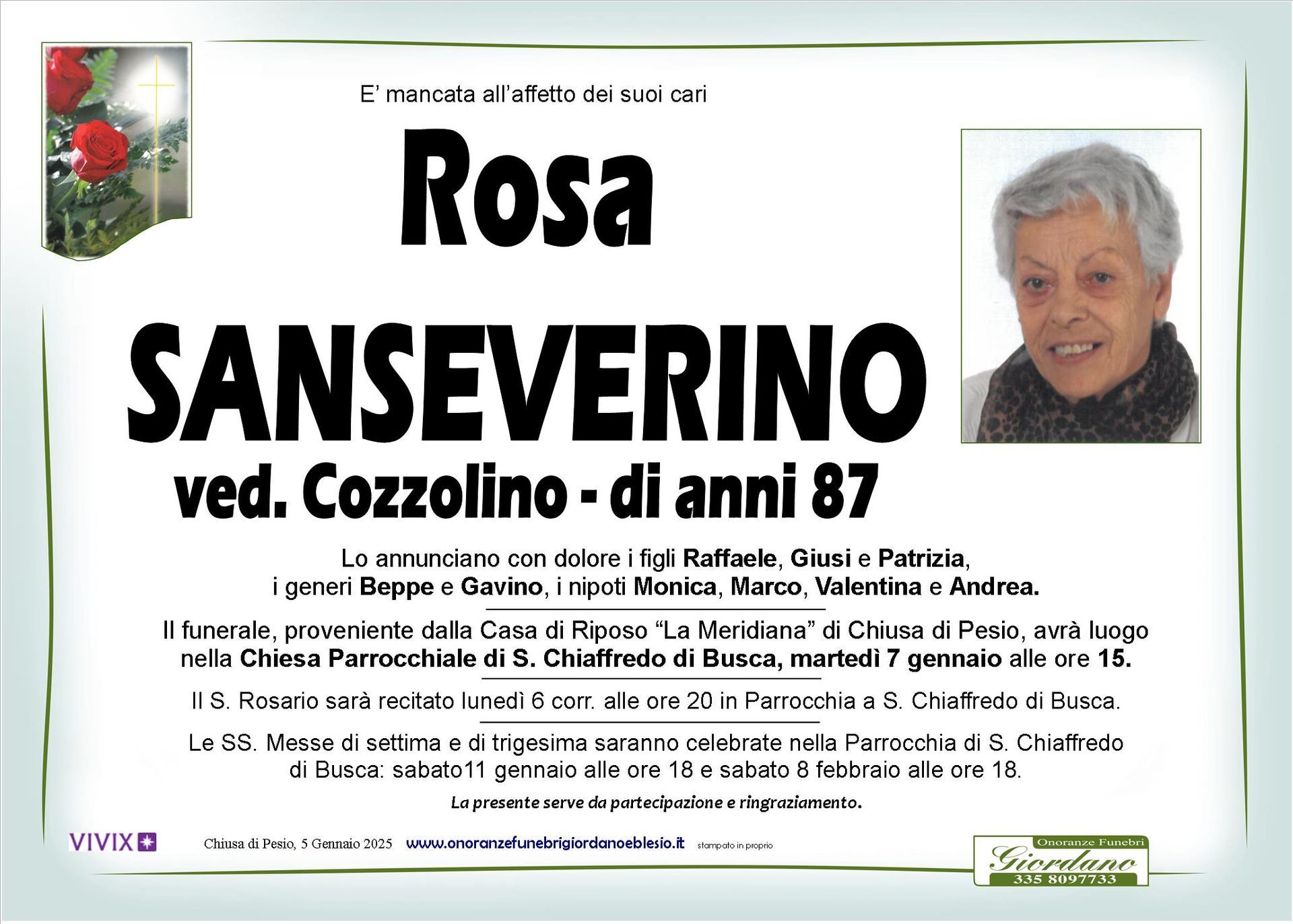 necrologio SANSEVERINO Rosa ved. Cozzolino