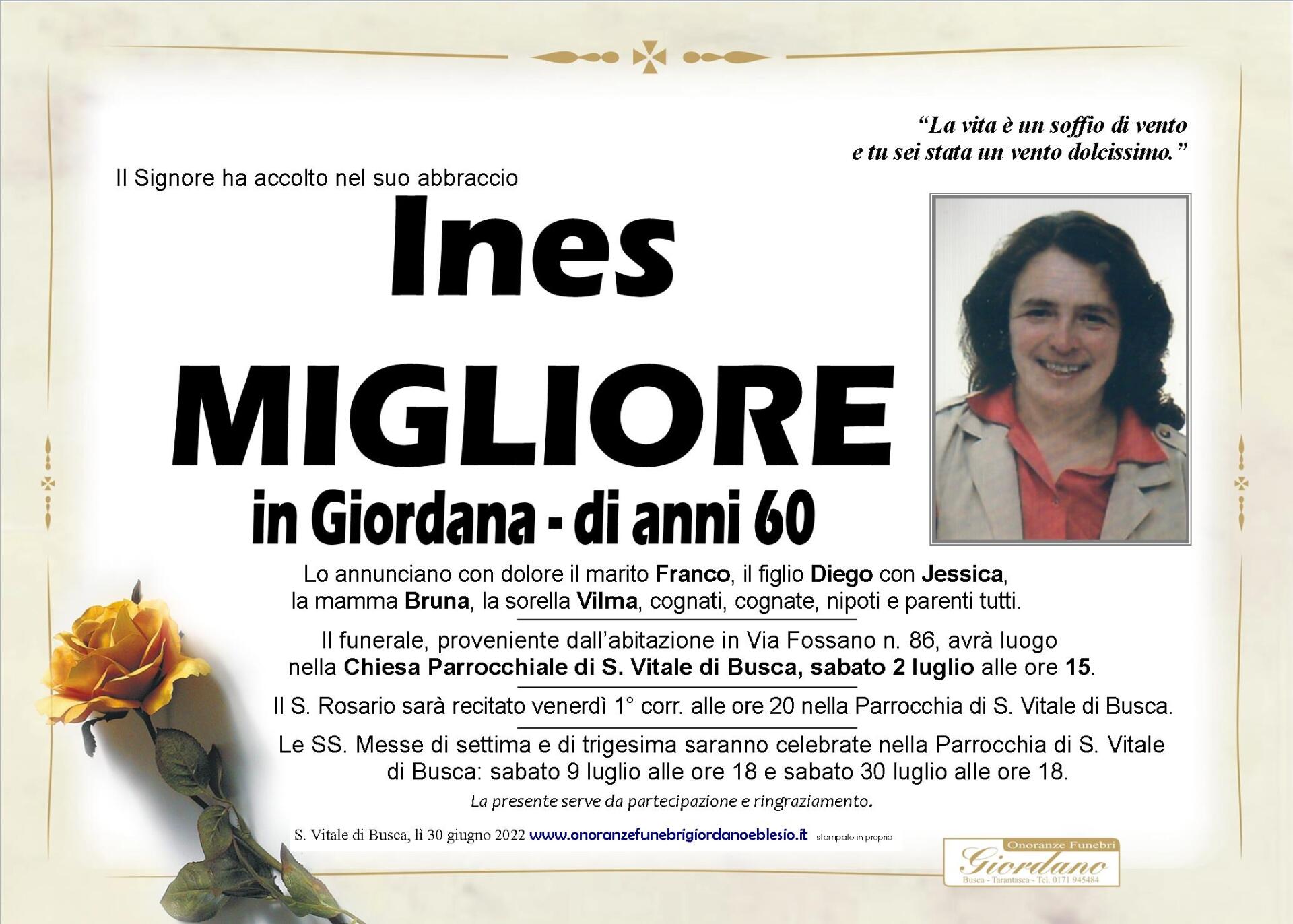 necrologio MIGLIORE Ines in Giordana