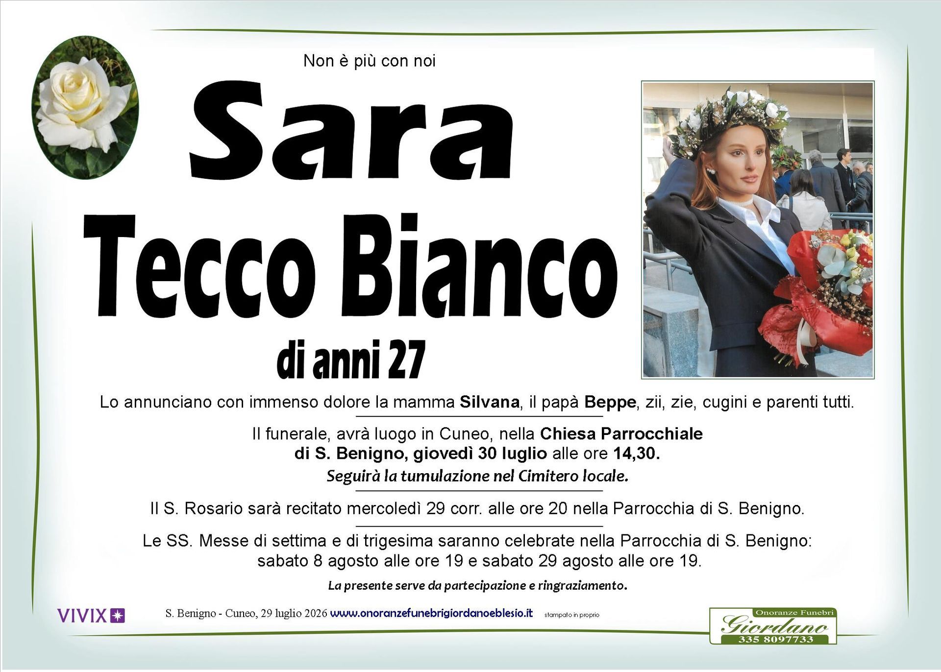 necrologio TECCO BIANCO Sara