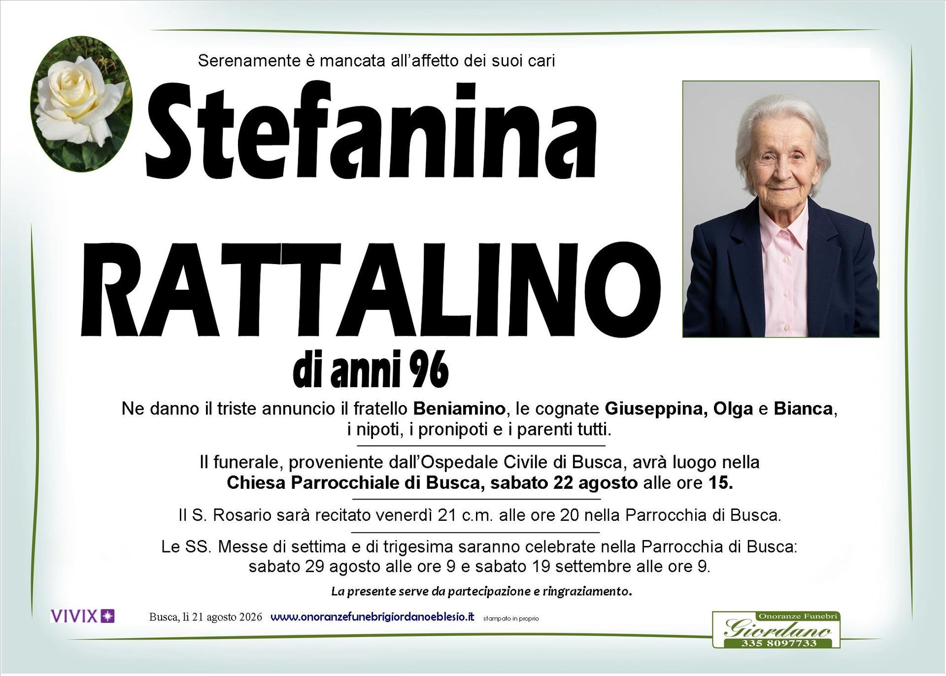 necrologio RATTALINO Sefanina