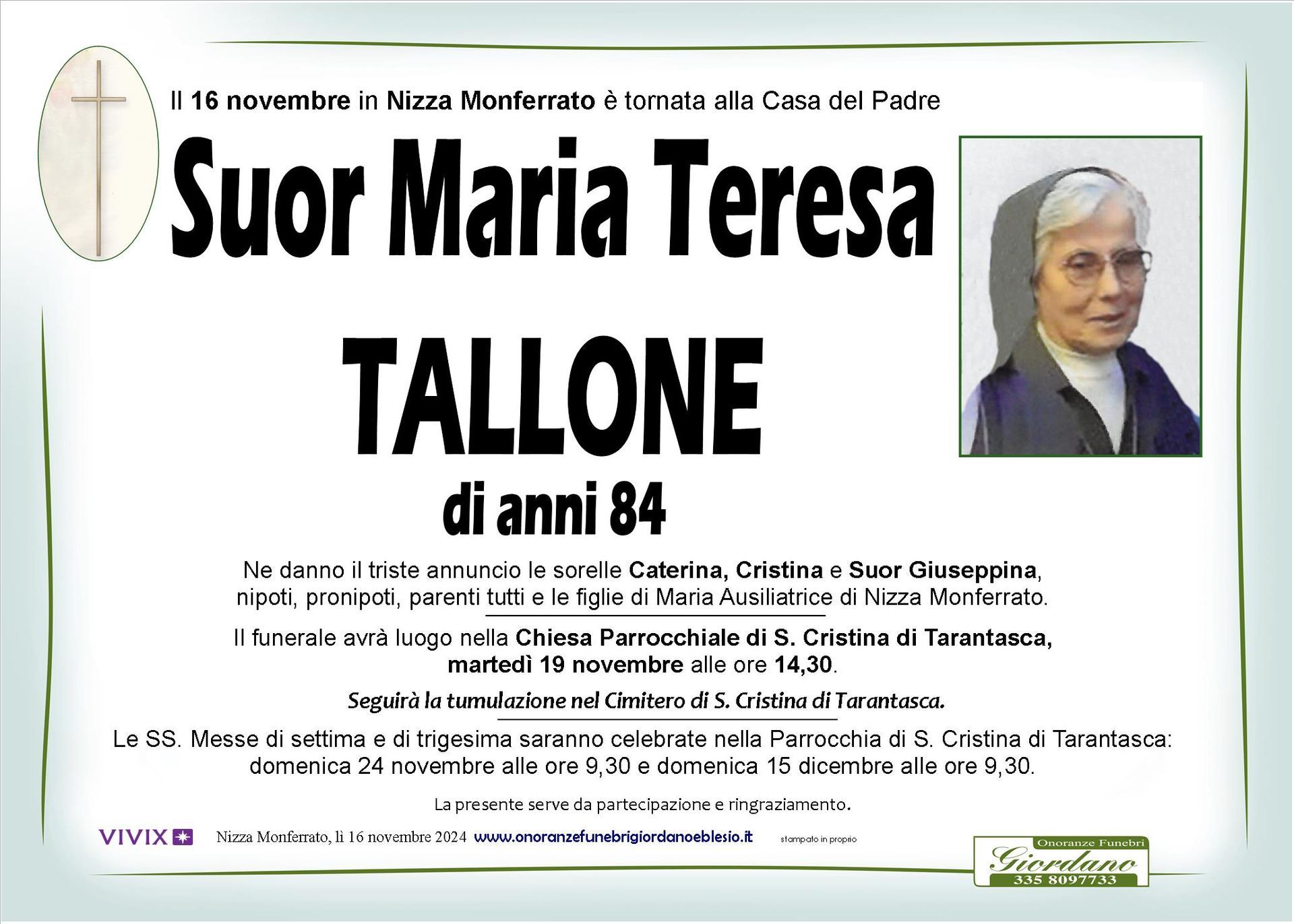 necrologio TALLONE Suor Maria