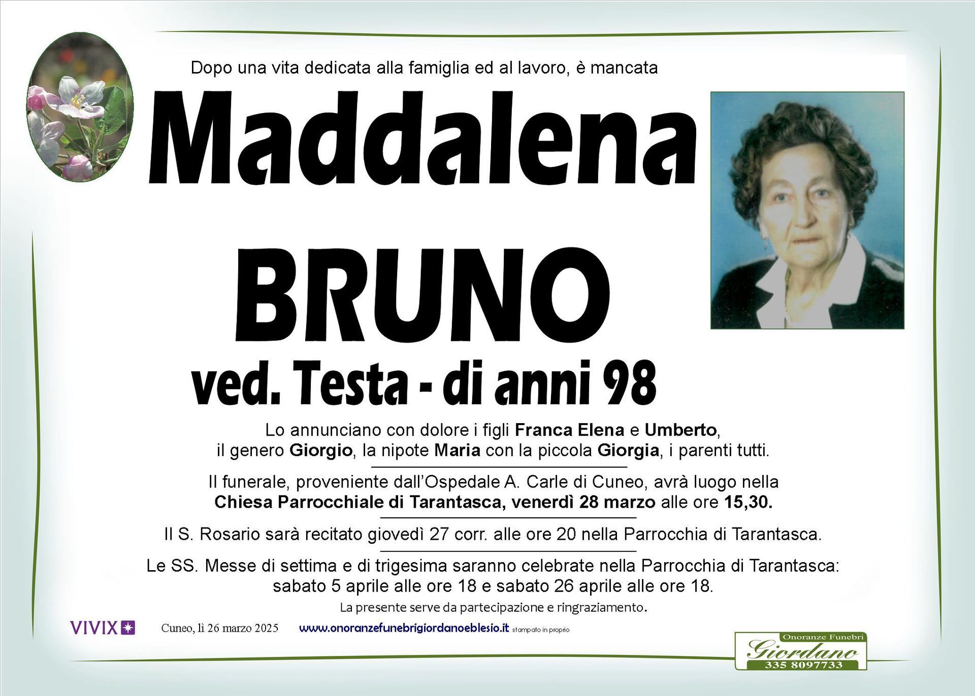 necrologio BRUNO Maddalena ved. Testa