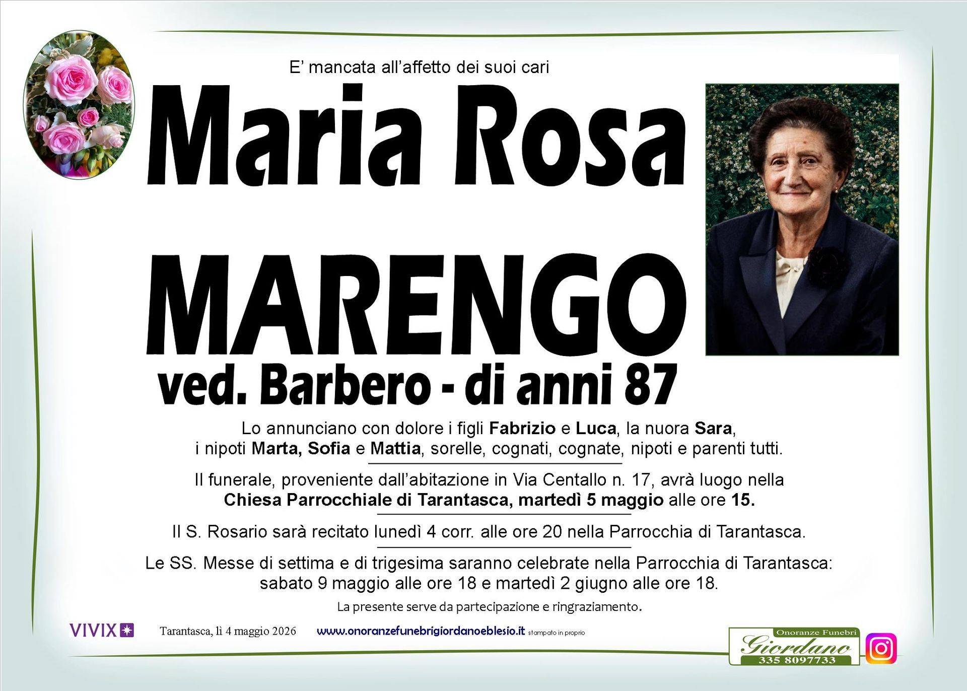 necrologio MARENGO Maria Rosa ved. Barbero