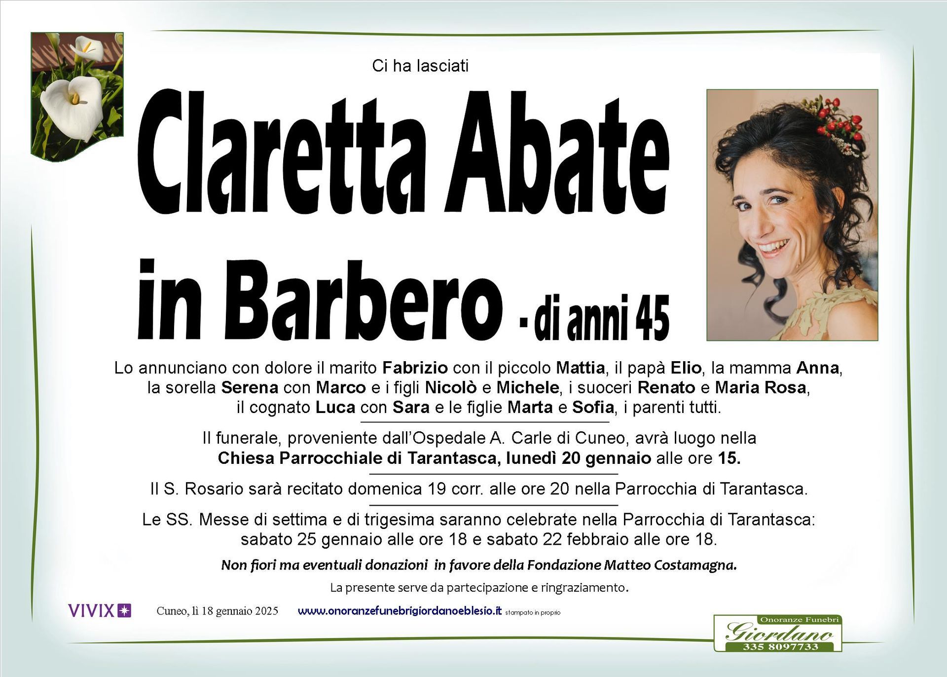 necrologio ABATE Claretta in Barbero