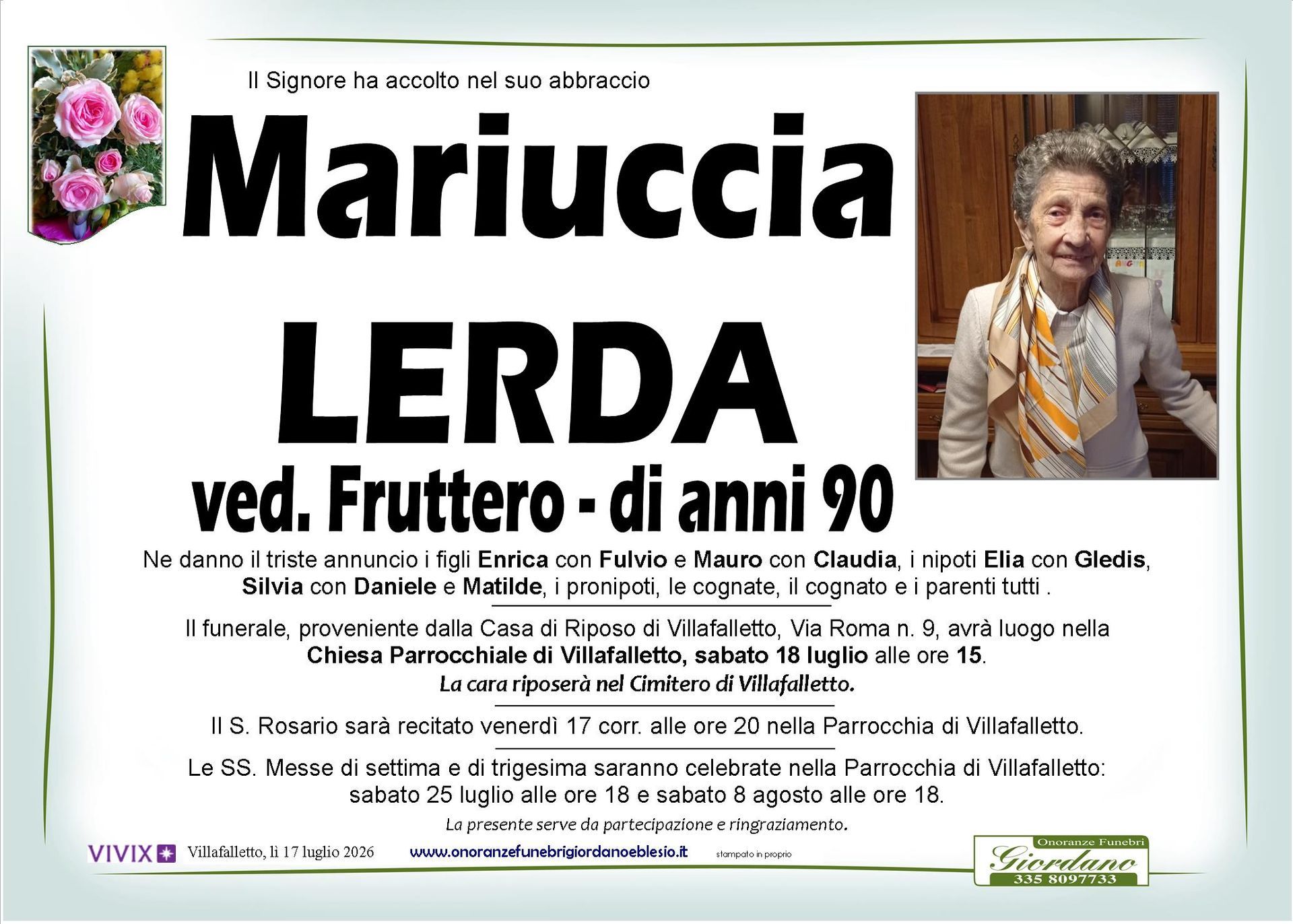 necrologio LERDA Mariuccia ved. Fruttero