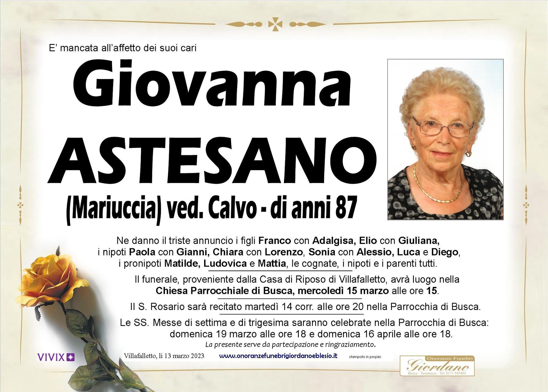necrologio ASTESANO Giovanna ved. Calvo