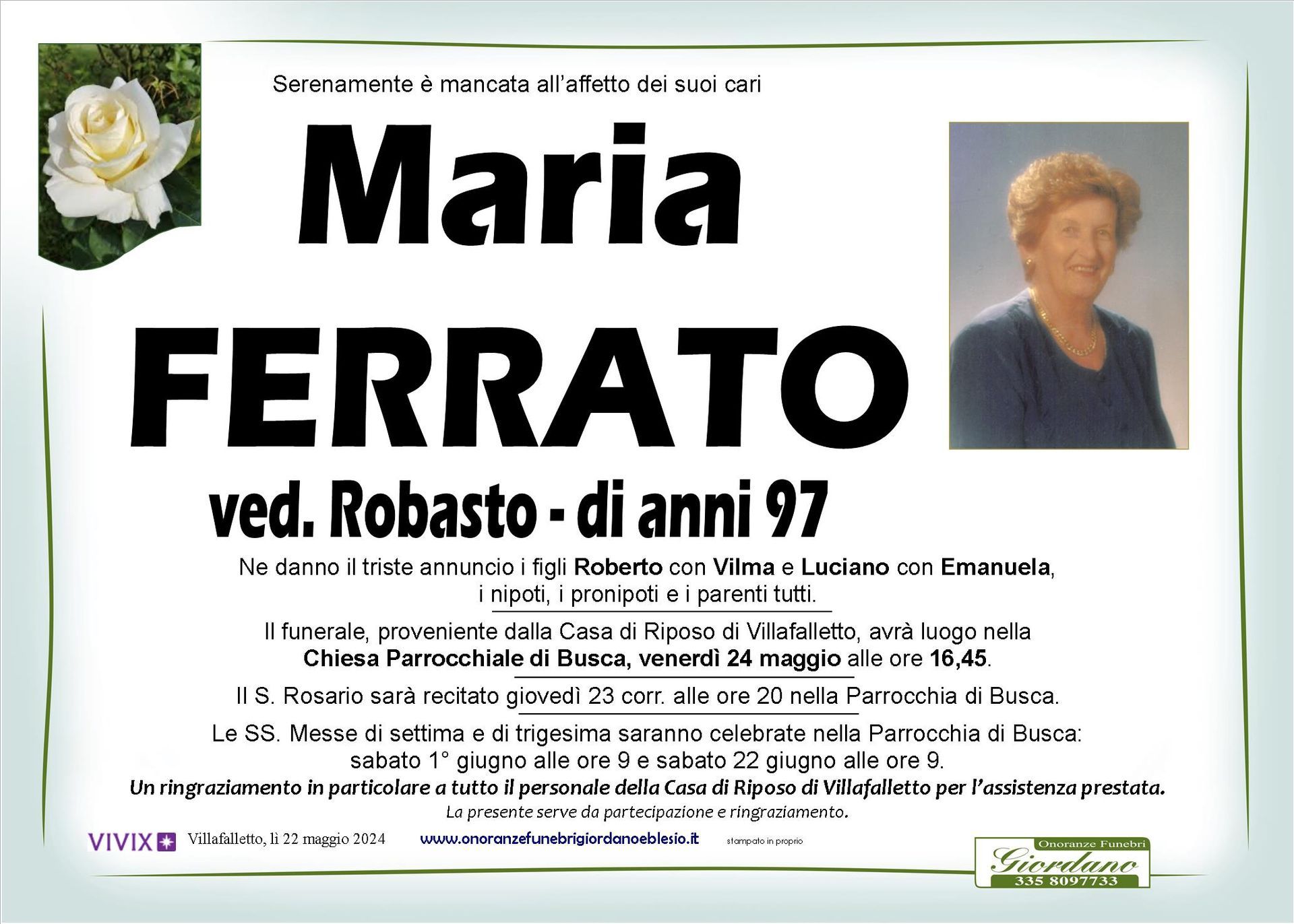 necrologio FERRATO Maria ved. Robasto