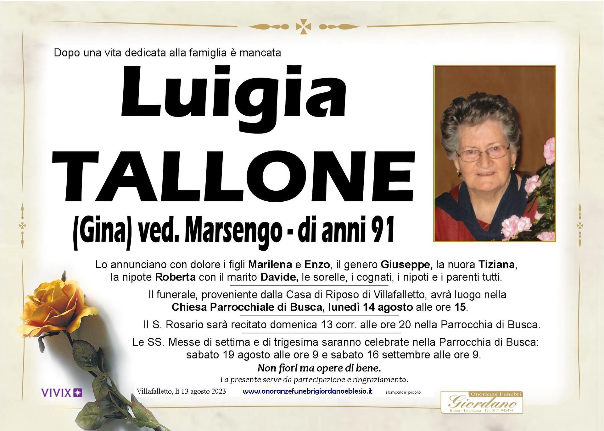 necrologio TALLONE Luigia ved. Marsengo