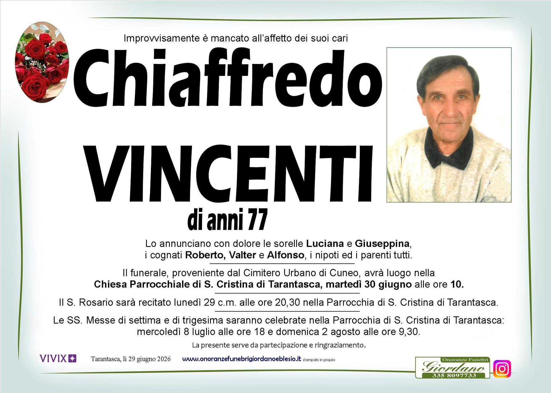 necrologio VINCENTI Chiaffredo