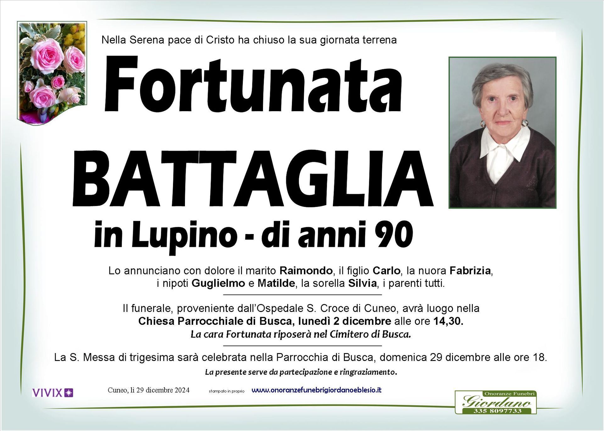 necrologio BATTAGLIA Fortunata in Lupino
