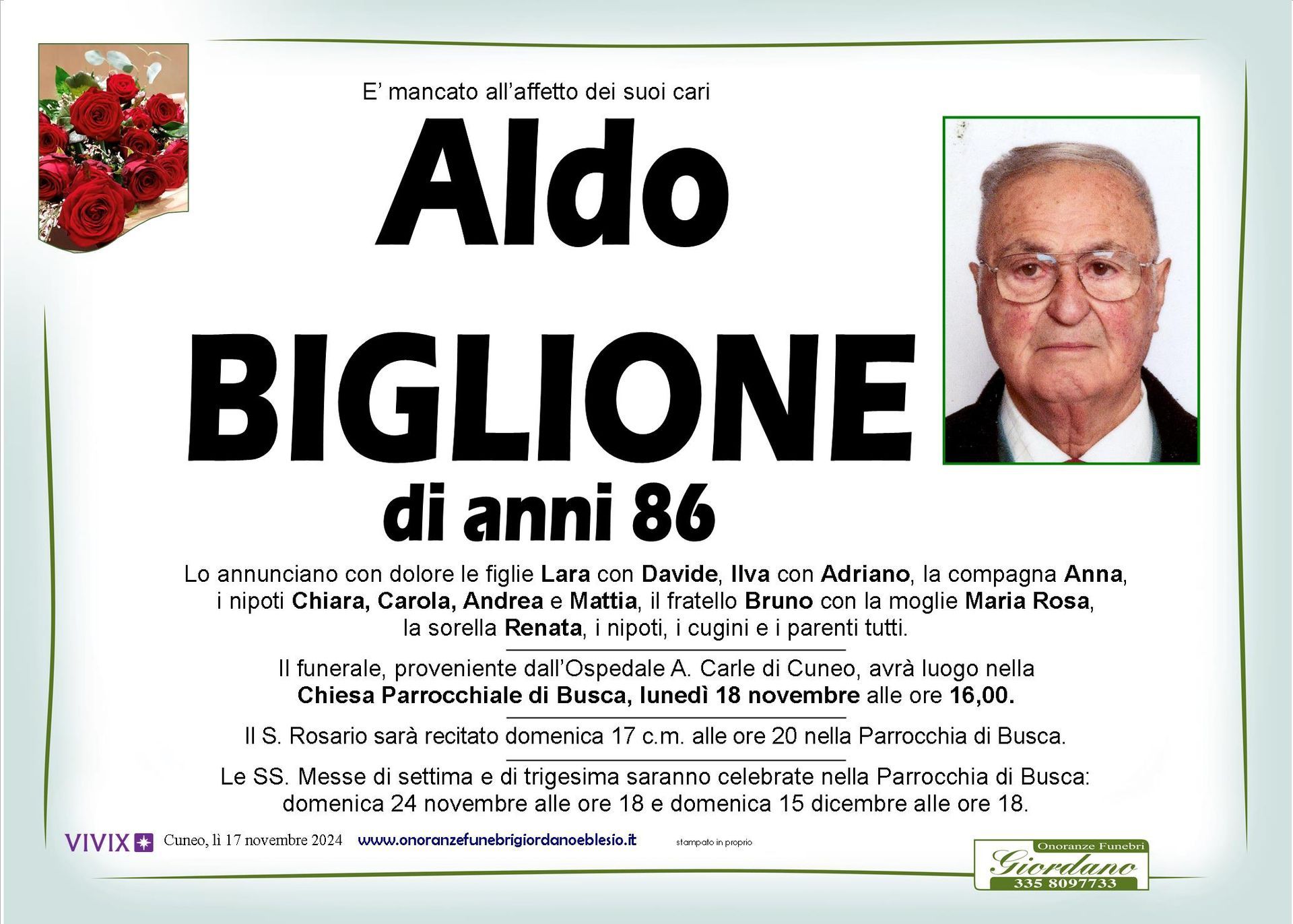 necrologio BIGLIONE Aldo
