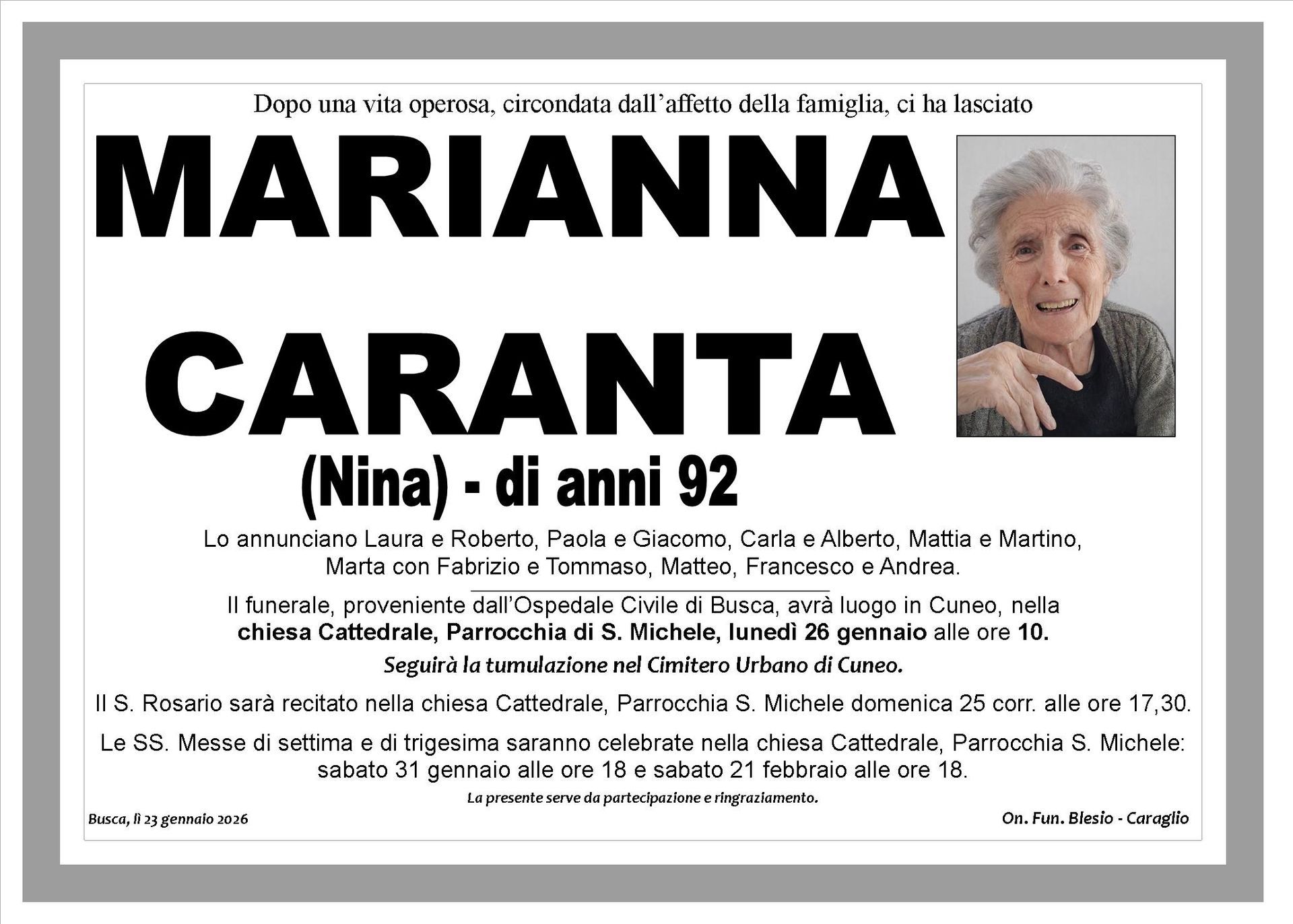 necrologio CARANTA Marianna