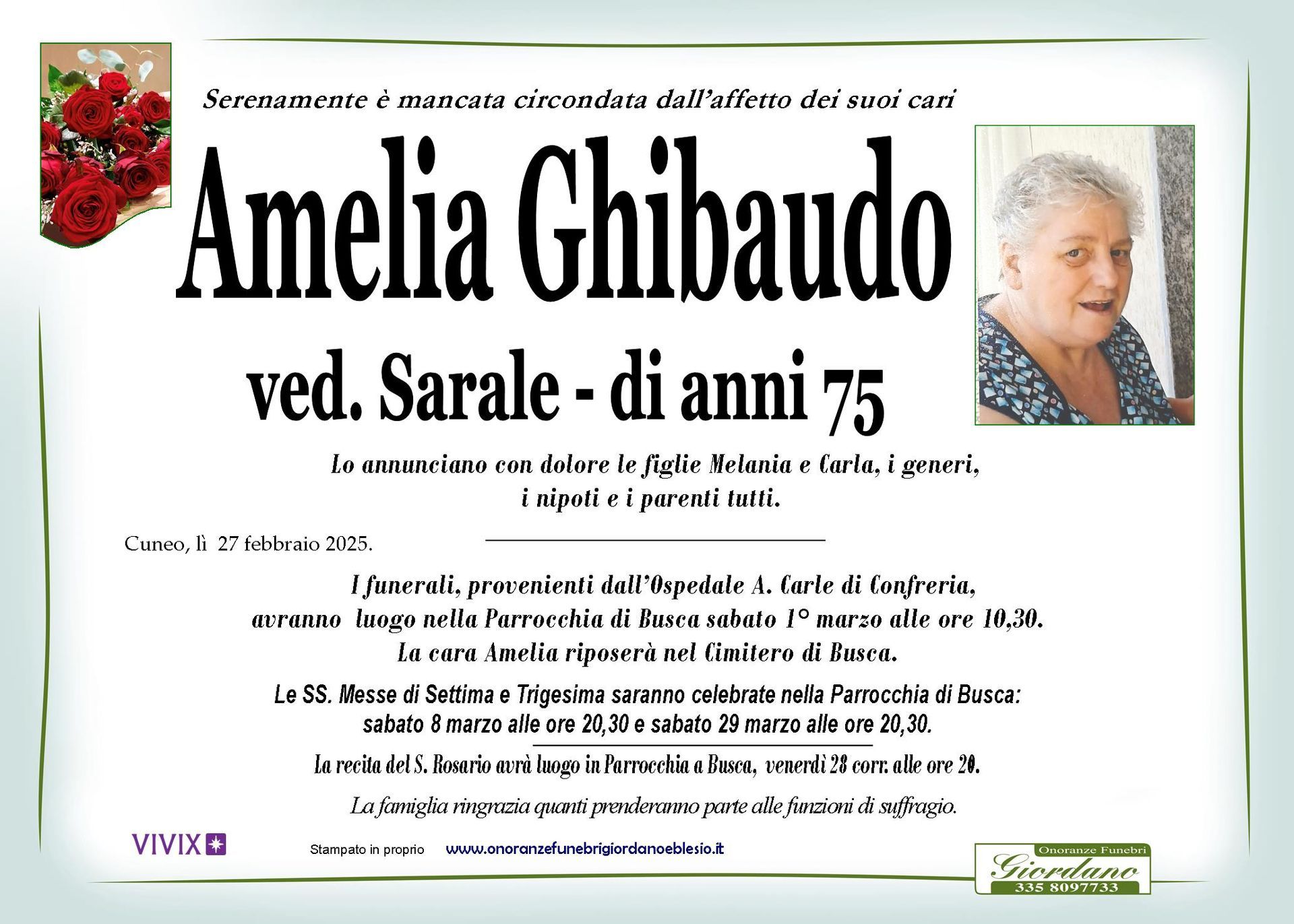 necrologio GHIBAUDO Amelia ved. Sarale