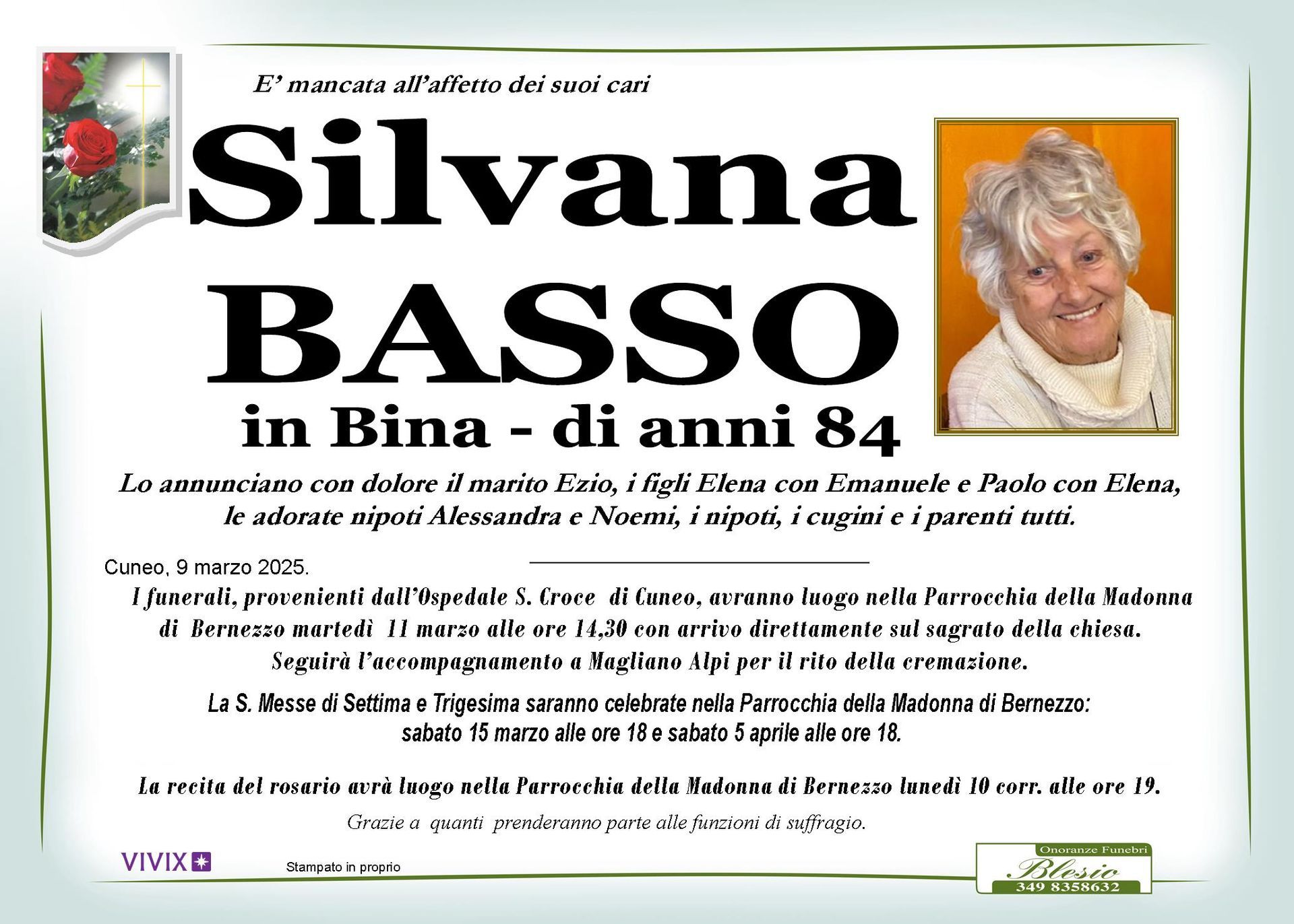 necrologio BASSO Silvana in Bina