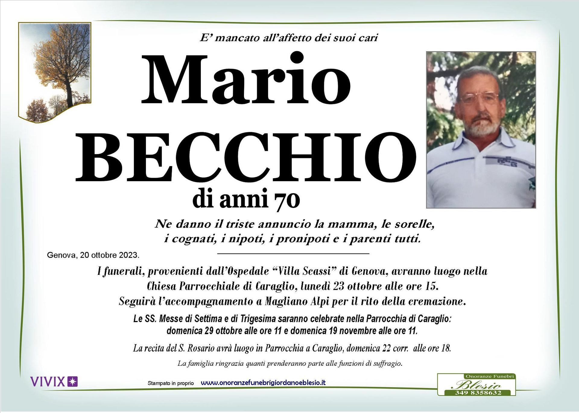 necrologio BECCHIO Mario