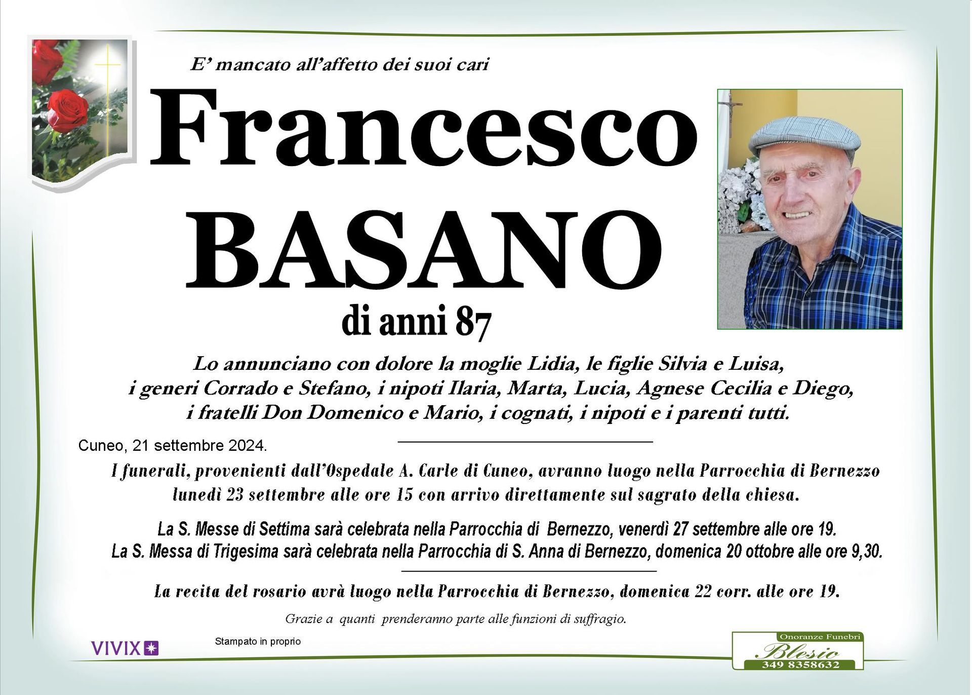 necrologio BASANO Francesco