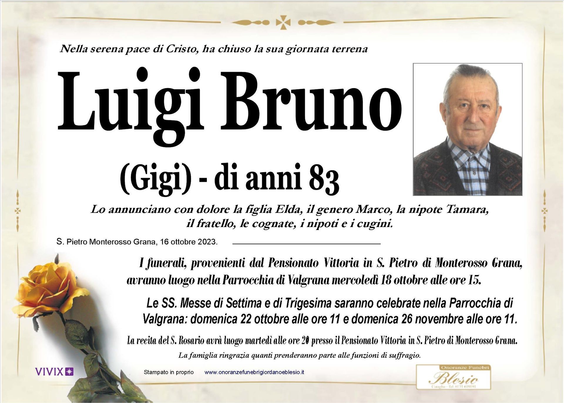 necrologio BRUNO Luigi