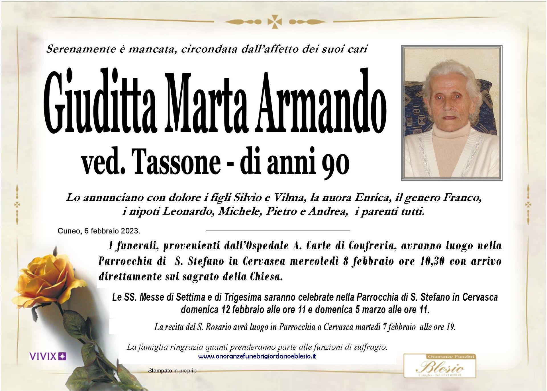 necrologio ARMANDO Giuditta Marta ved. Tassone