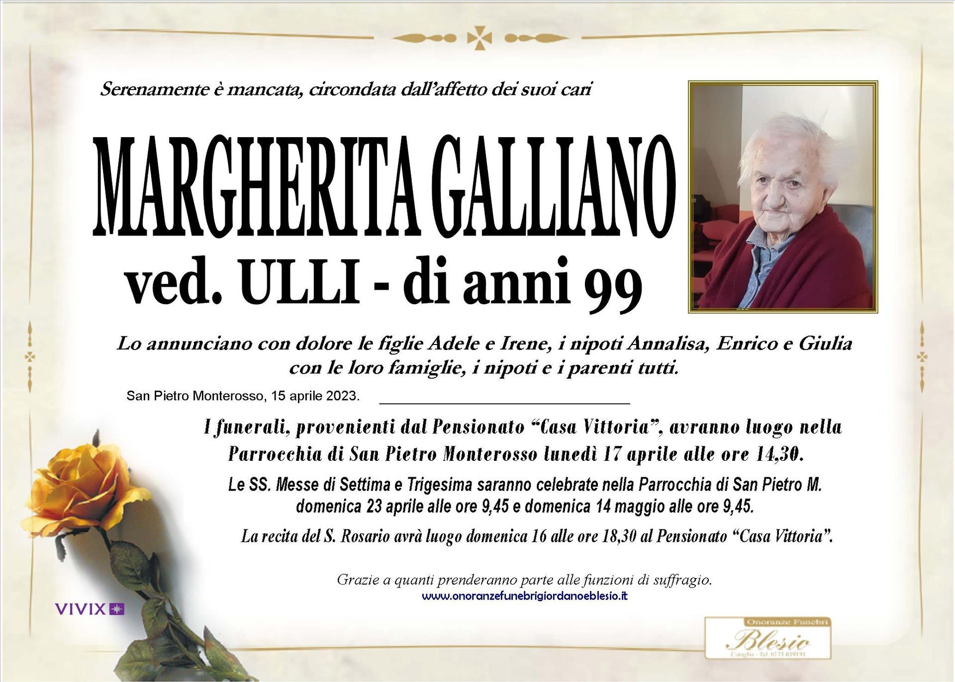 necrologio GALLIANO Margherita ved. Ulli