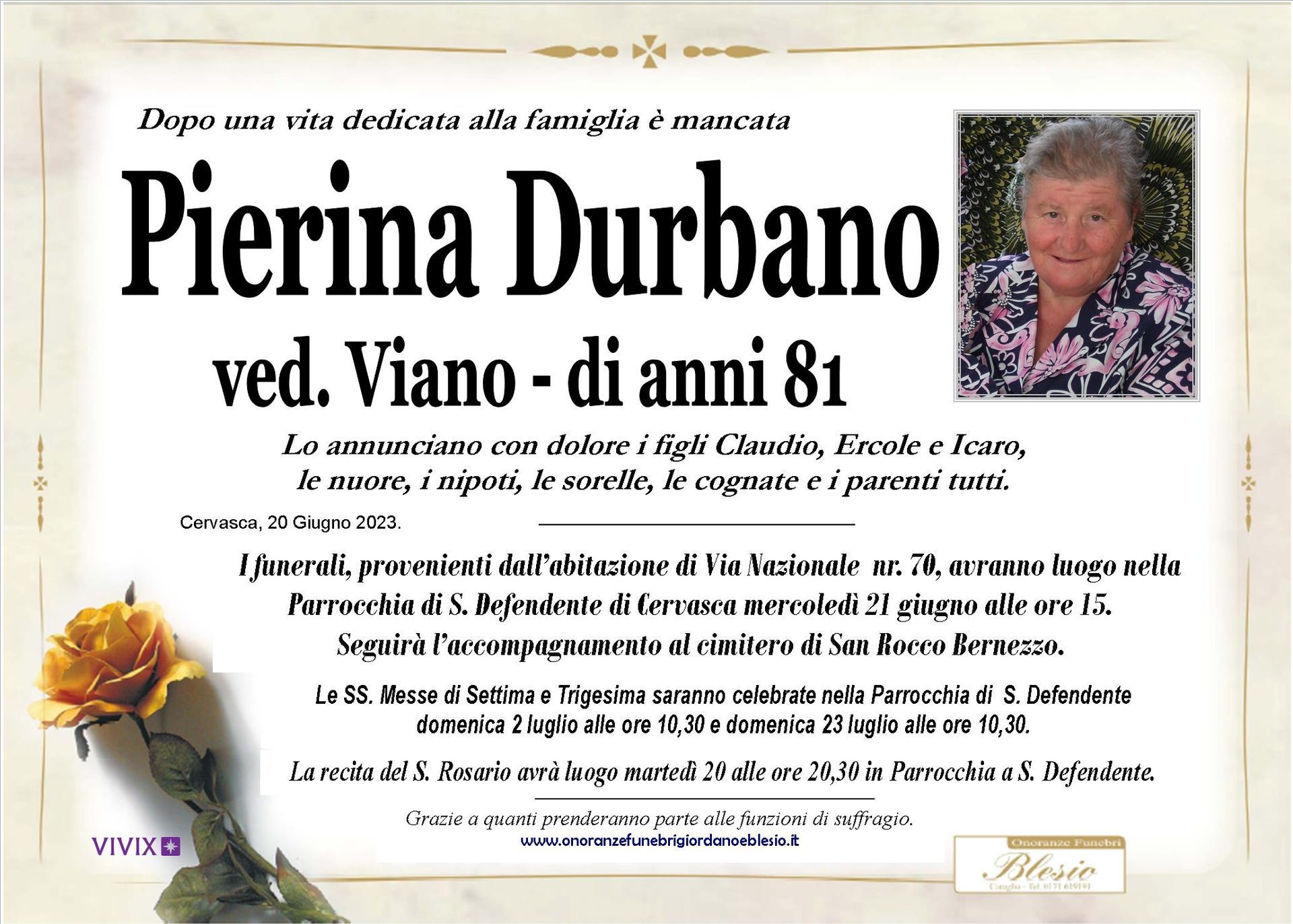 necrologio DURBANO Pierina ved. Viano