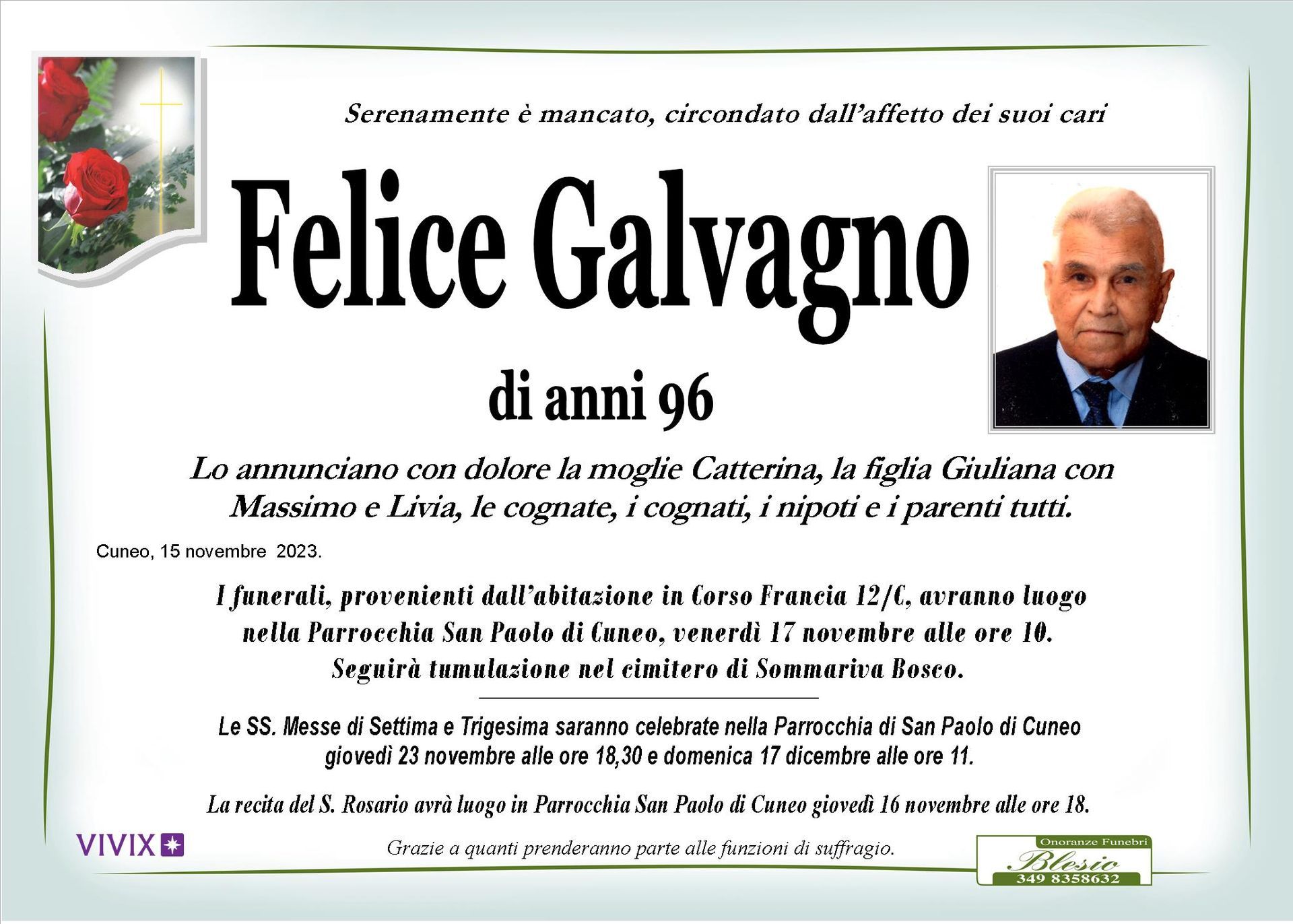 necrologio GALVAGNO Felice