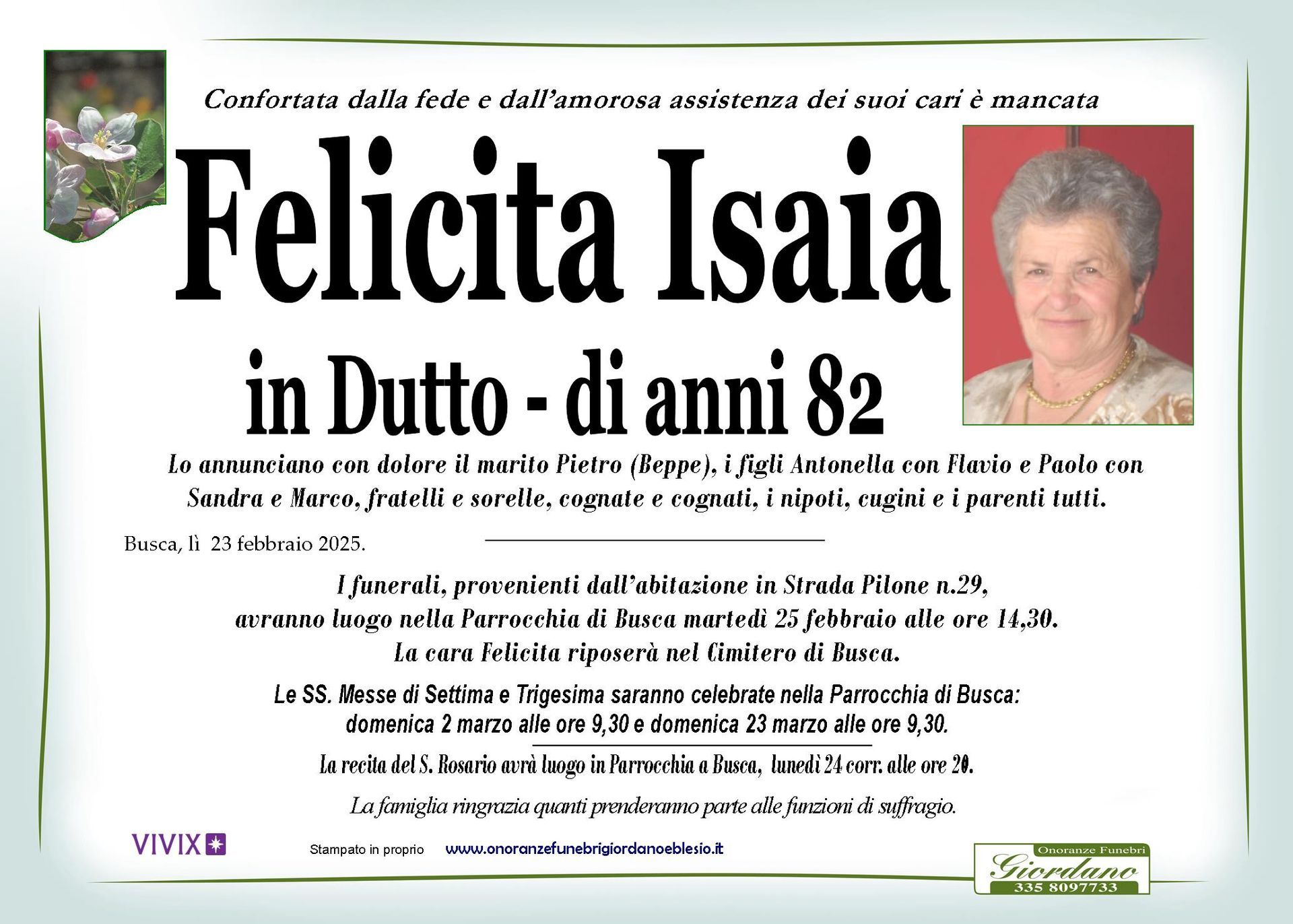 necrologio ISAIA Felicita in Dutto