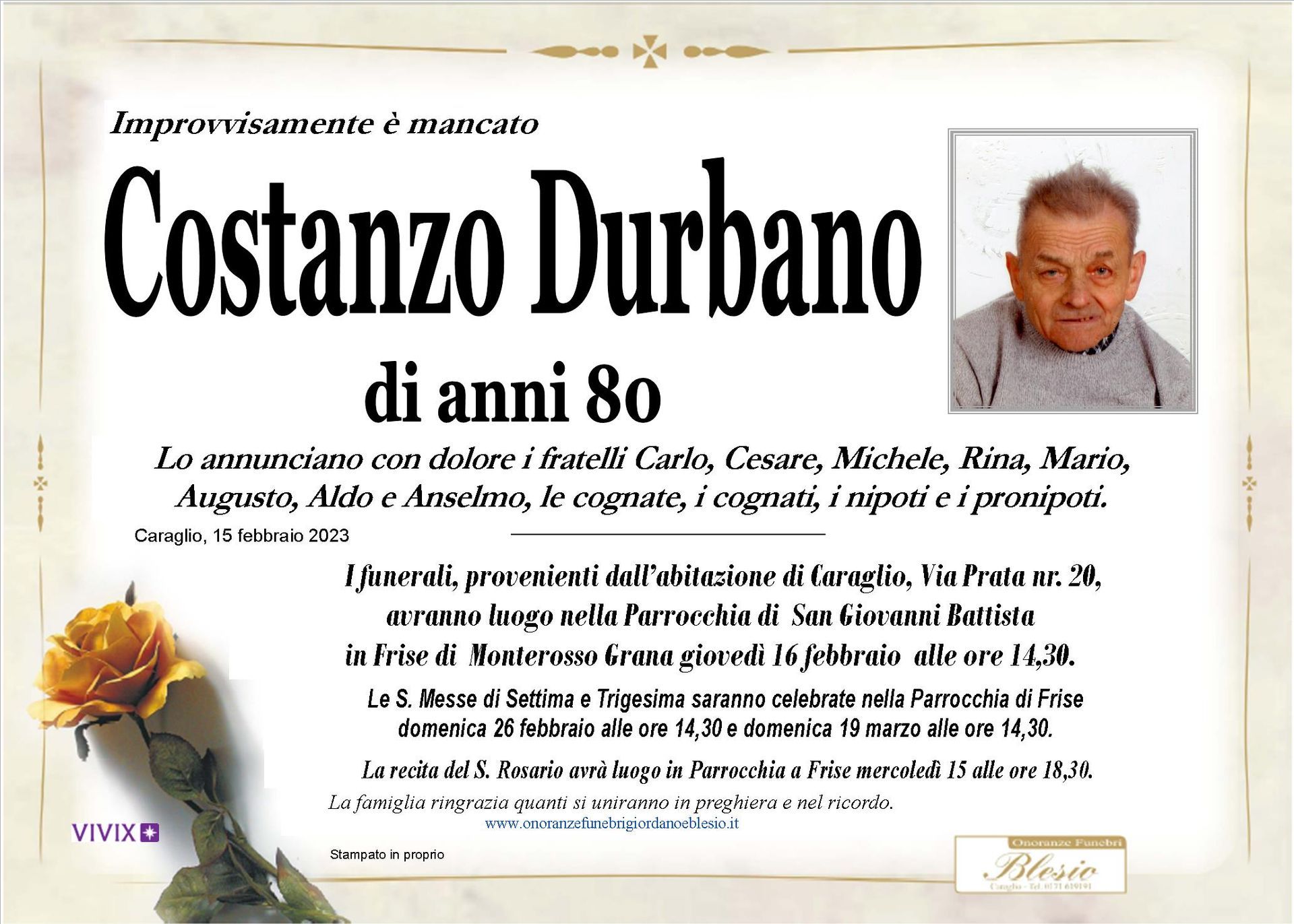 necrologio DURBANO Costanzo