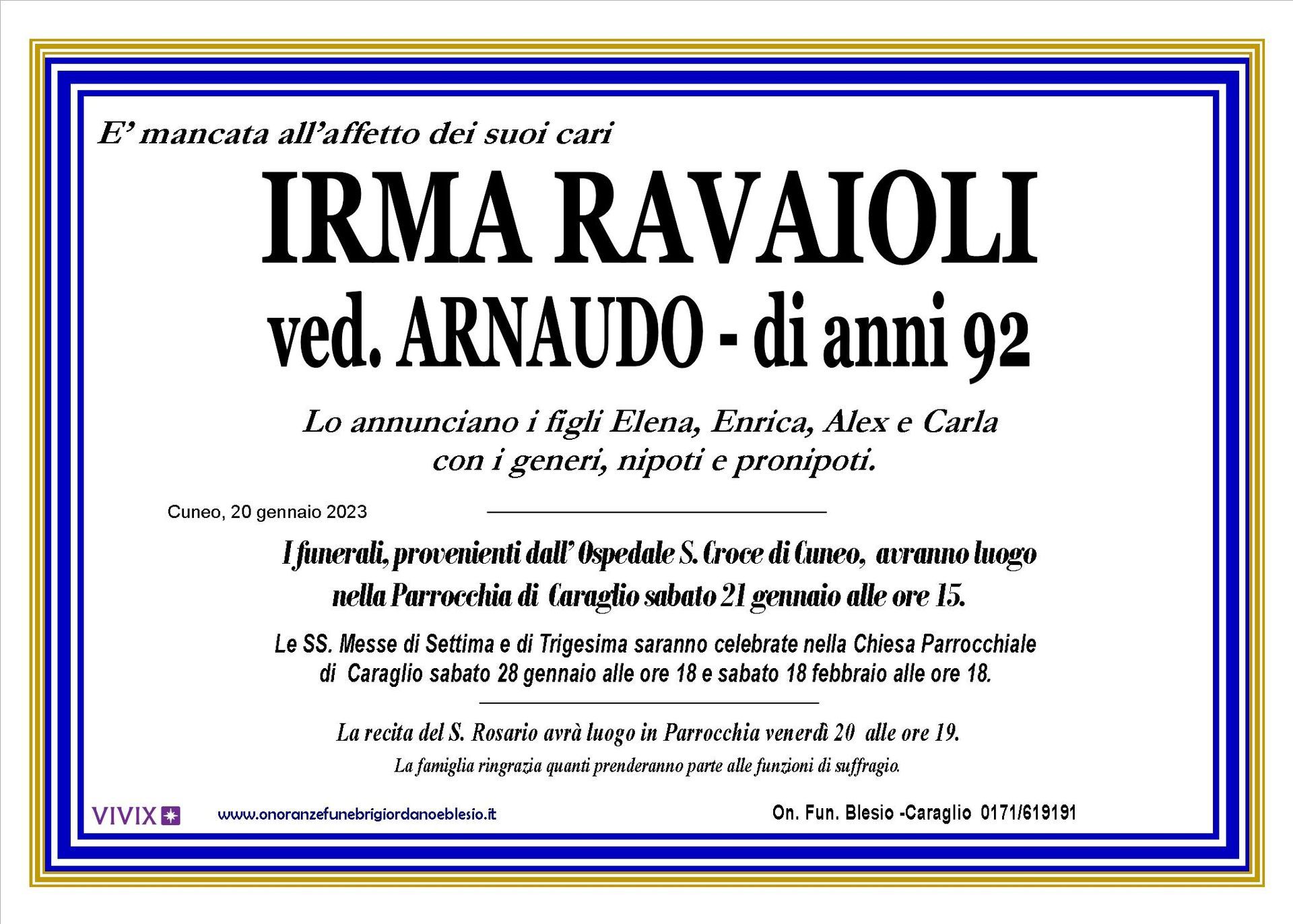 necrologio RAVAIOLI Irma ved. Arnaudo