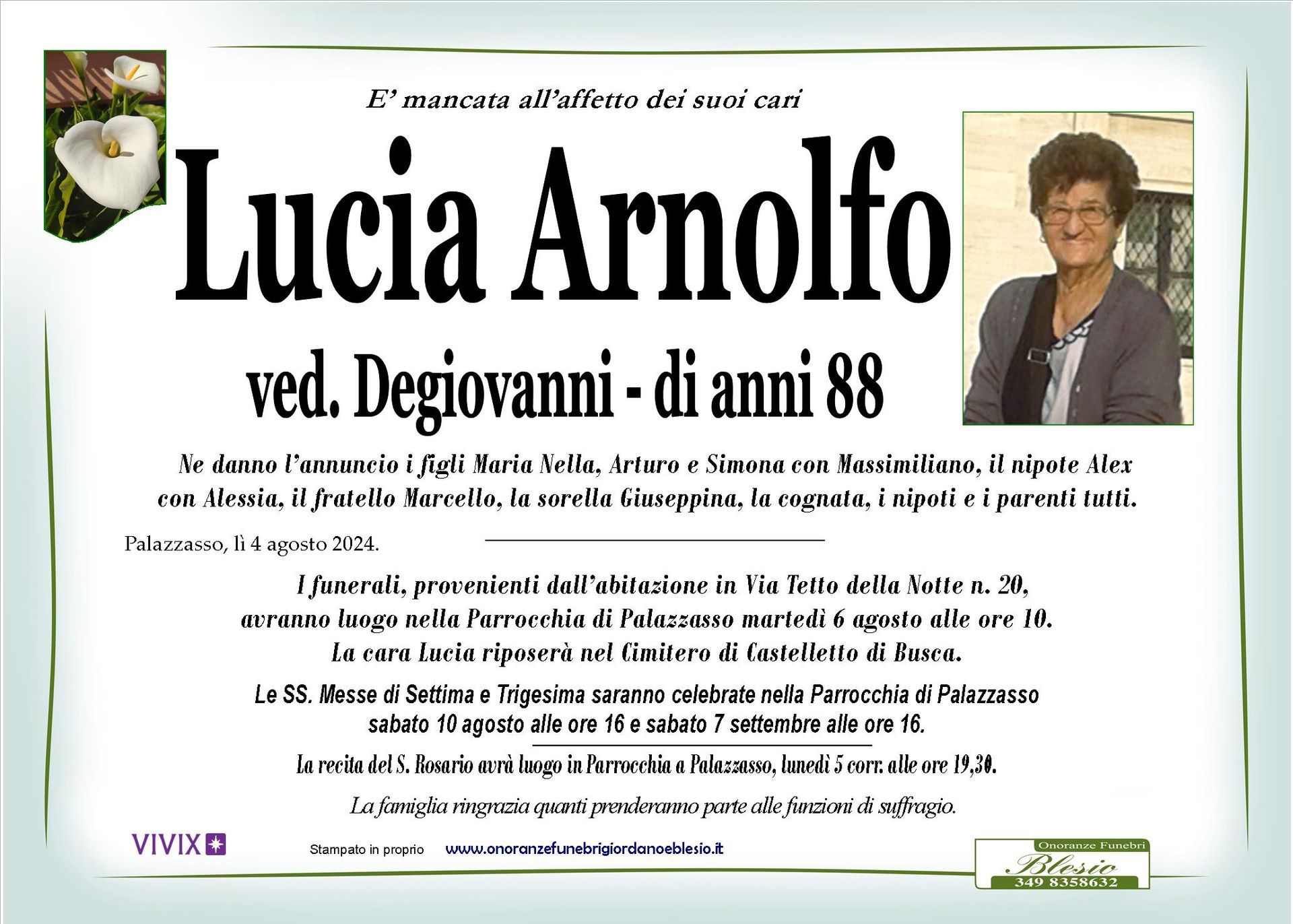 necrologio ARNOLFO Lucia ved. Degiovanni