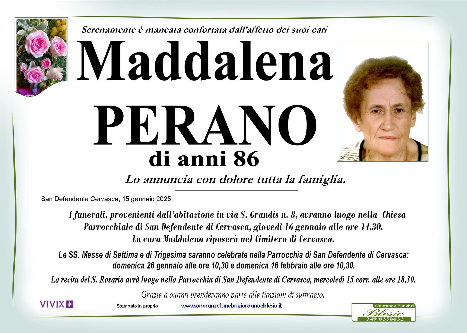 necrologio PERANO Maddalena