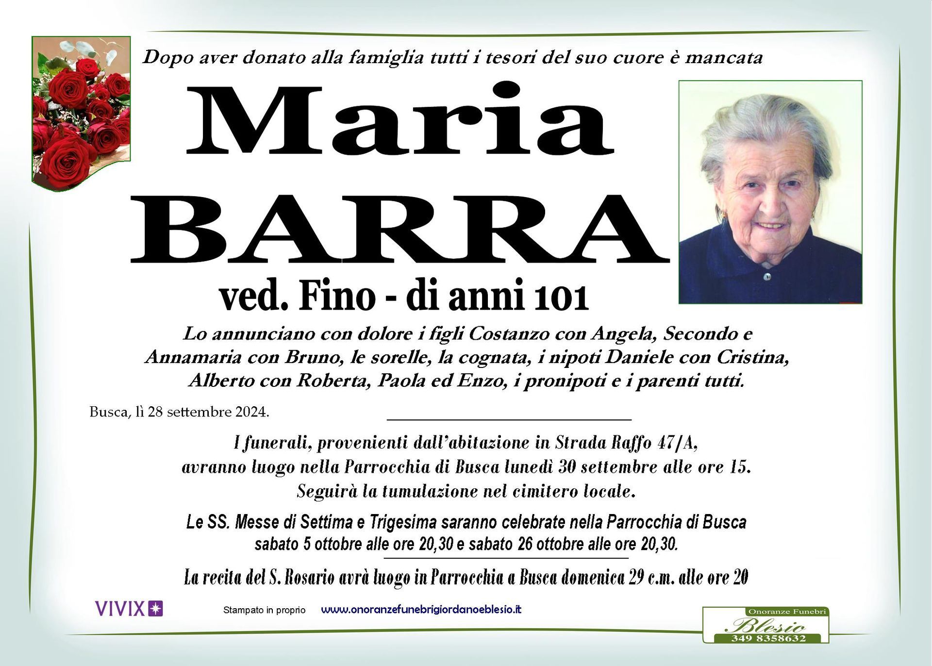 necrologio BARRA maria ved. Fino